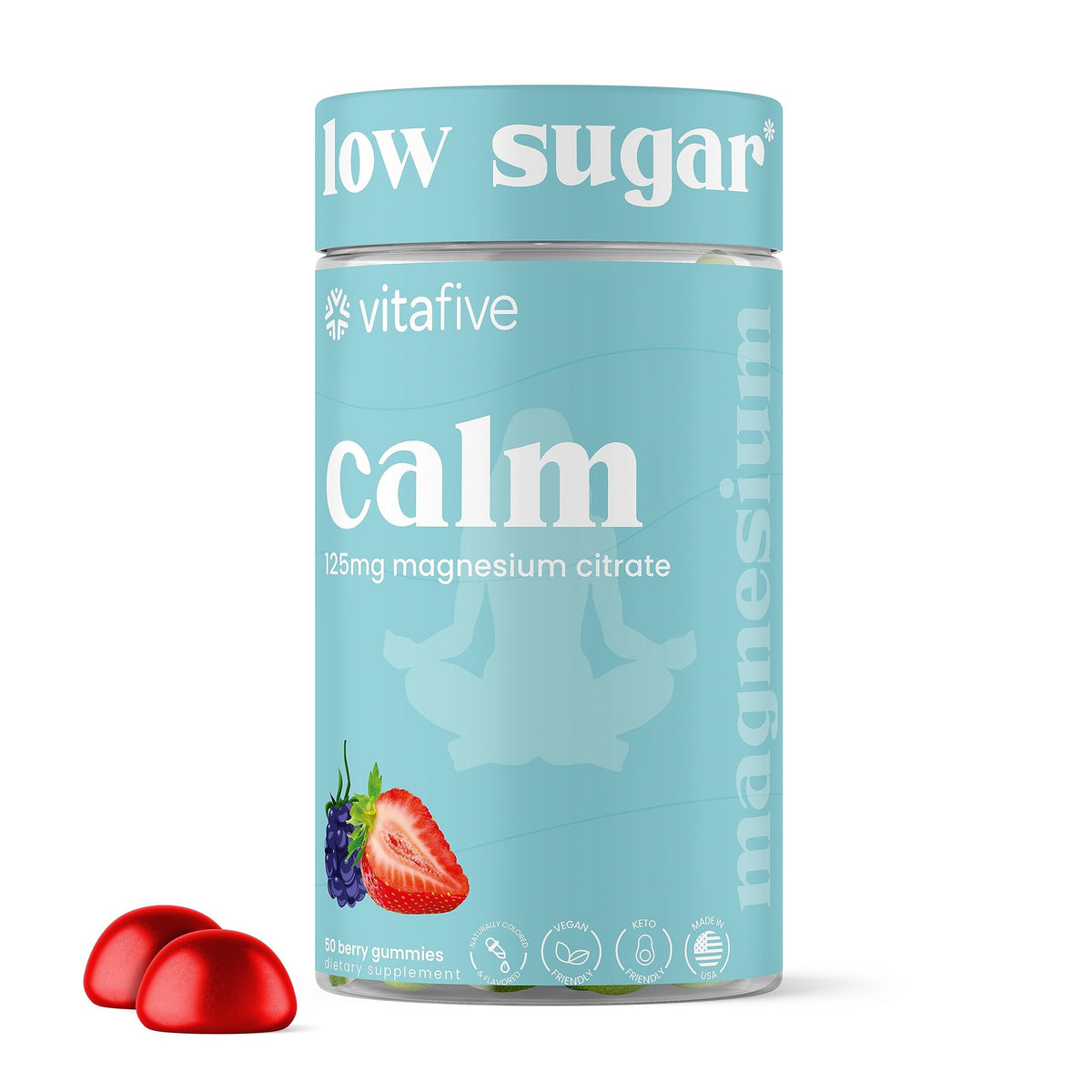 Vitafive Low Sugar Calm Magnesium Gummies bottle front – berry flavor