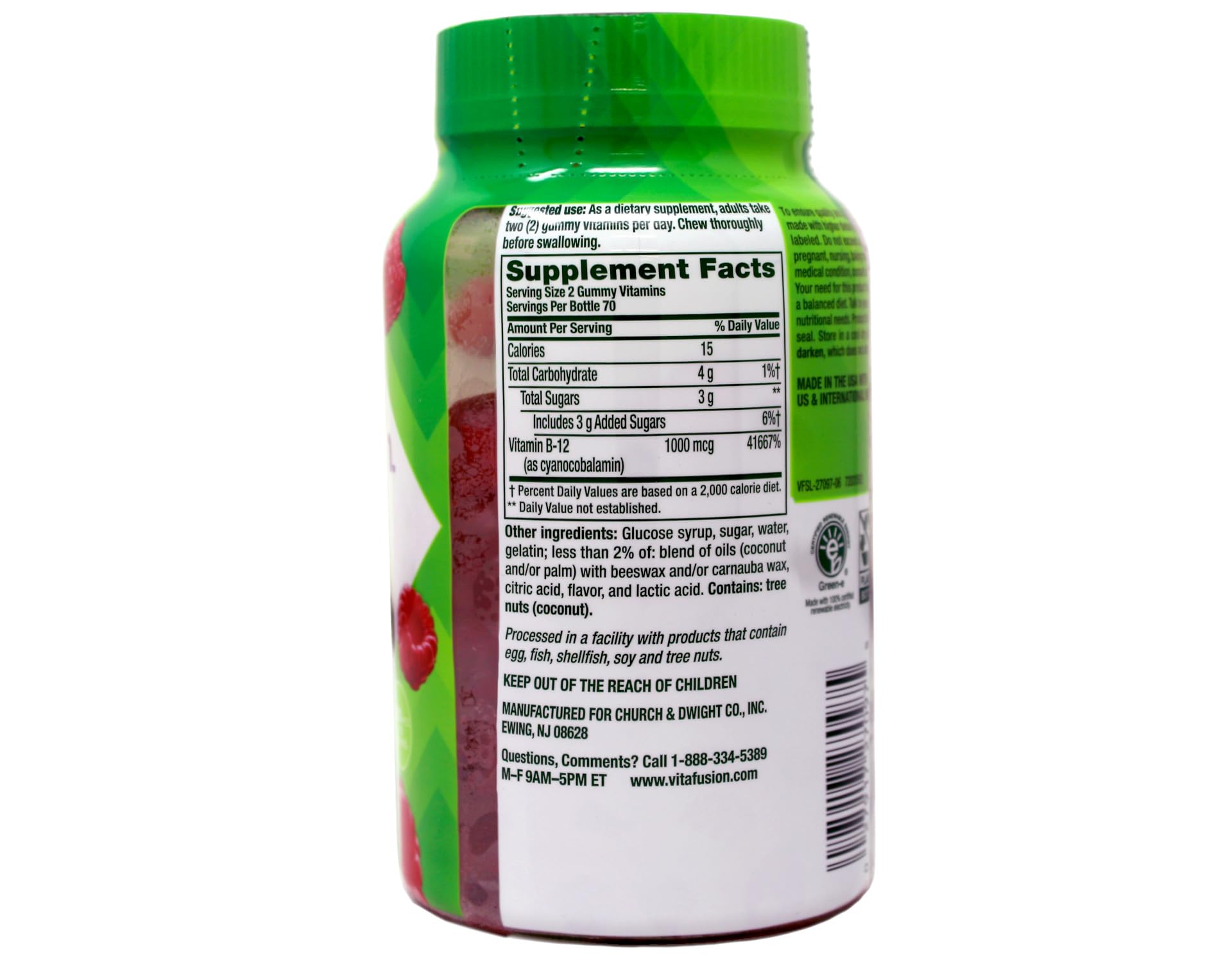 Vitafusion B-12 gummy bottle label and nutrition facts
