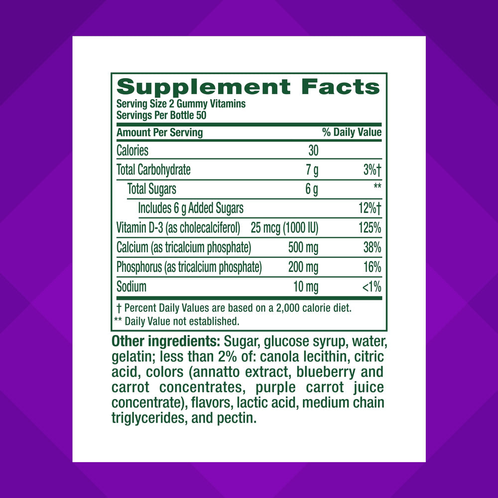 100-count bottle of Vitafusion calcium gummies for 50 days