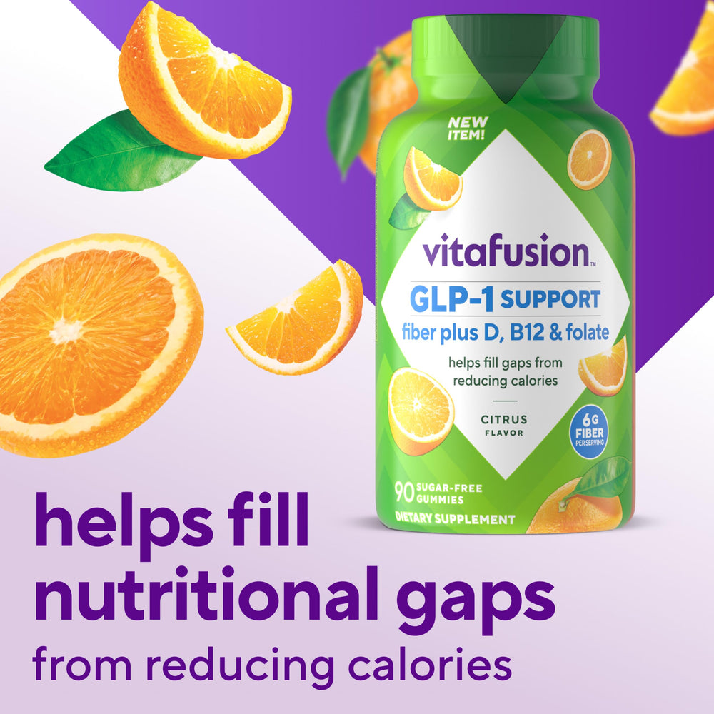 B12 and Folate vitamins shown on Vitafusion GLP-1 product packaging.