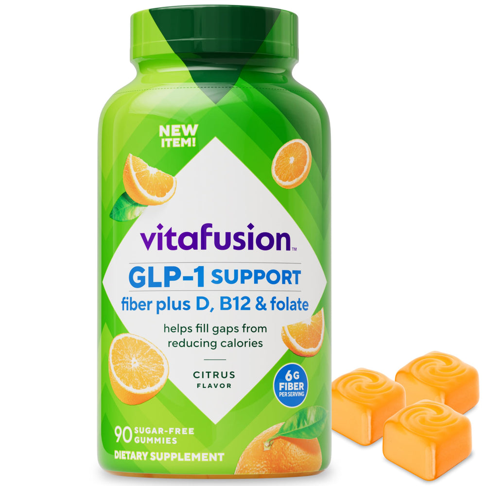 Vitafusion GLP-1 Support bottle with citrus gummies for a sugar-free fiber boost.