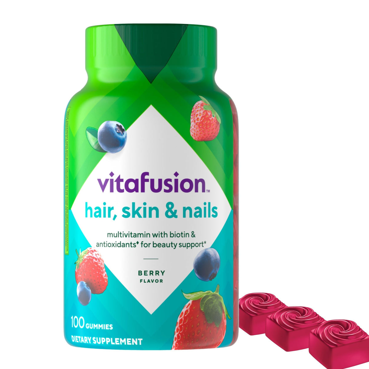 Vitafusion Gorgeous Hair Skin Nails bottle with Raspberry flavor