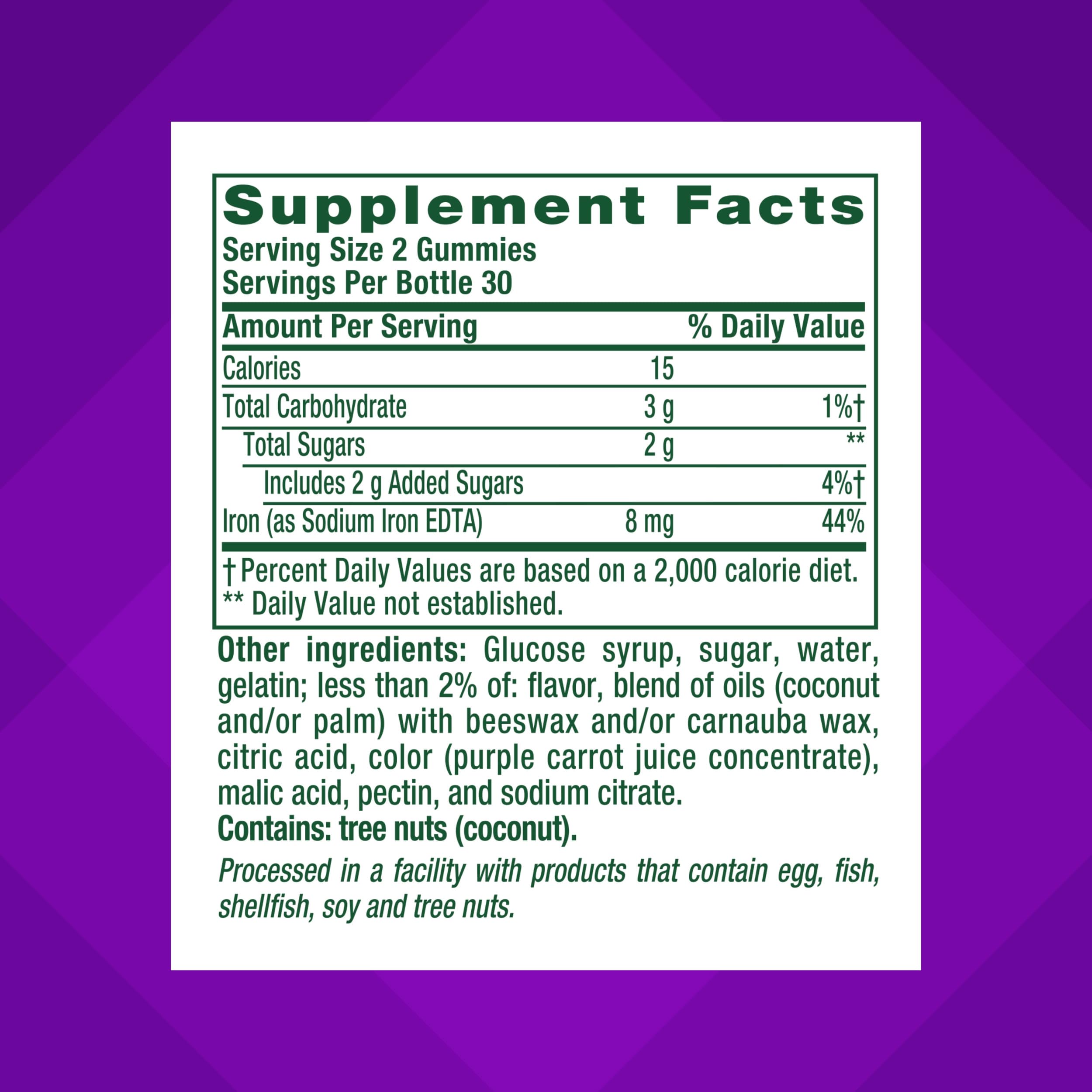Two gummies serving size showing iron content
