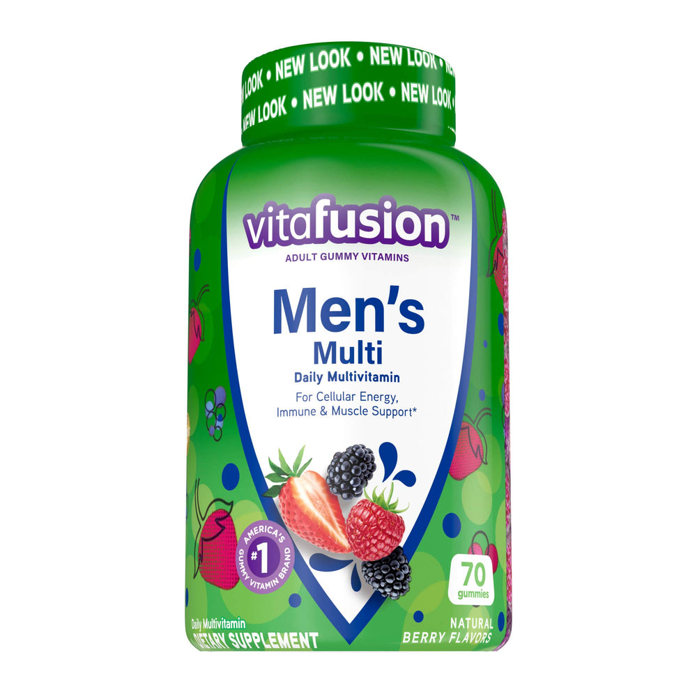 Vitafusion Men's Gummy Vitamins bottle front shows convenient daily nutrition in delicious fruit flavor