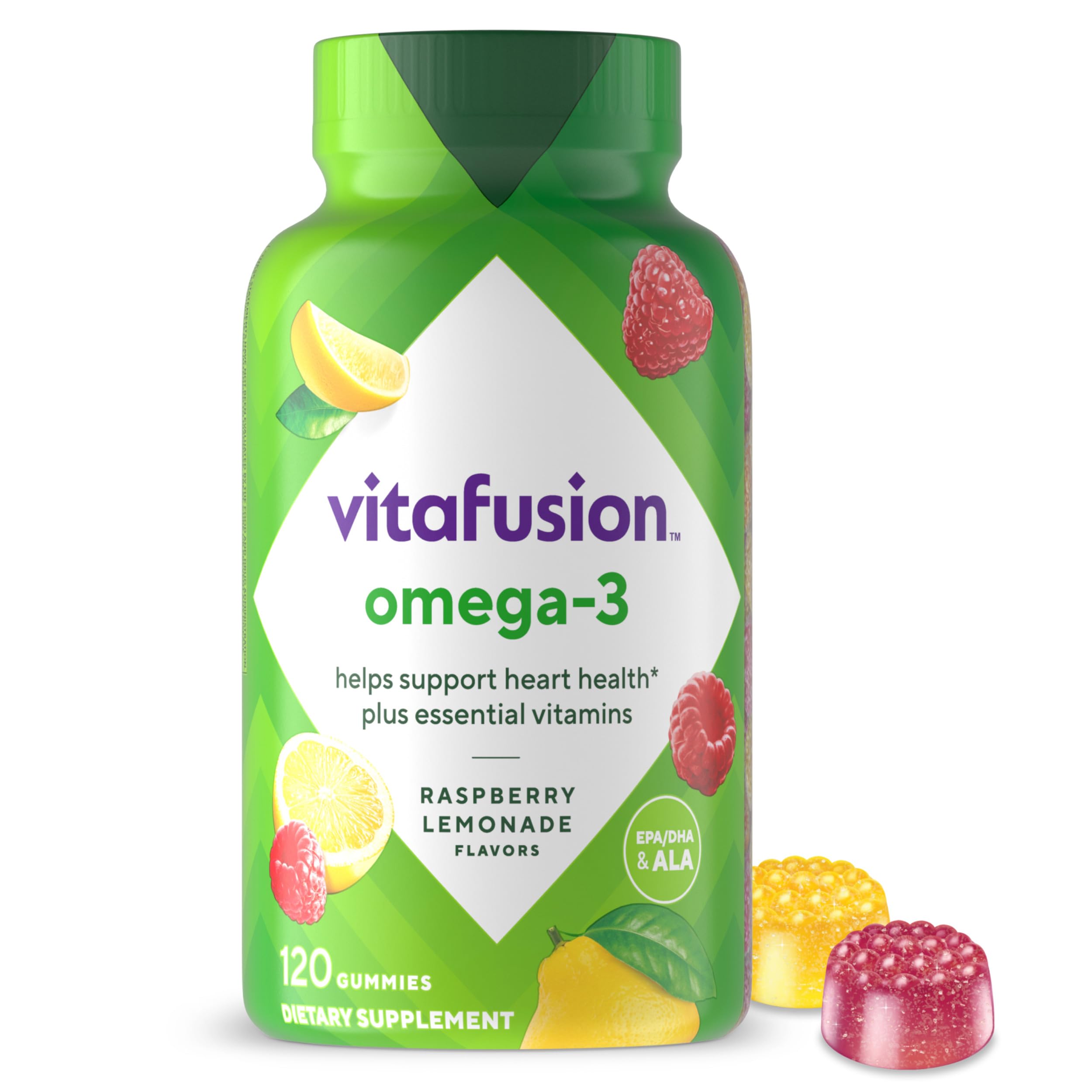 Vitafusion Omega-3 Gummy bottle in berry lemonade flavor supports heart health.