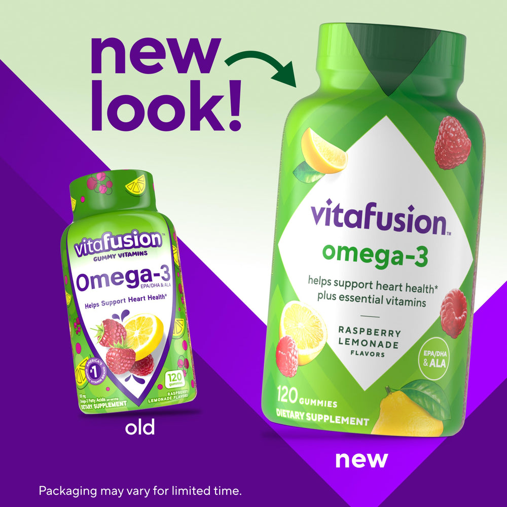 Close-up of Vitafusion Omega-3 Gummies showing chewy texture and berry flavor.