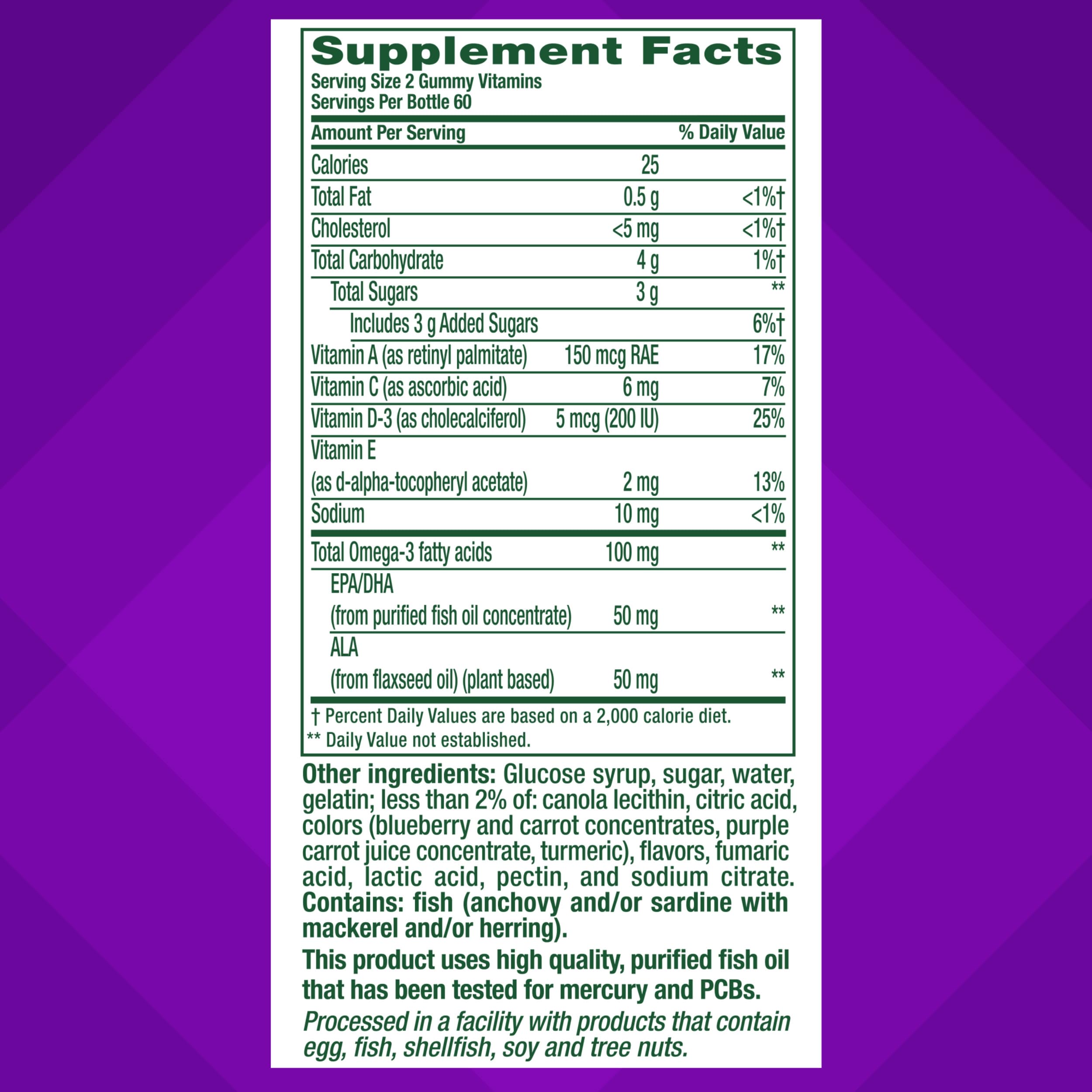 Nutrition label on Vitafusion Omega-3 Gummy bottle highlights EPA DHA and vitamins.