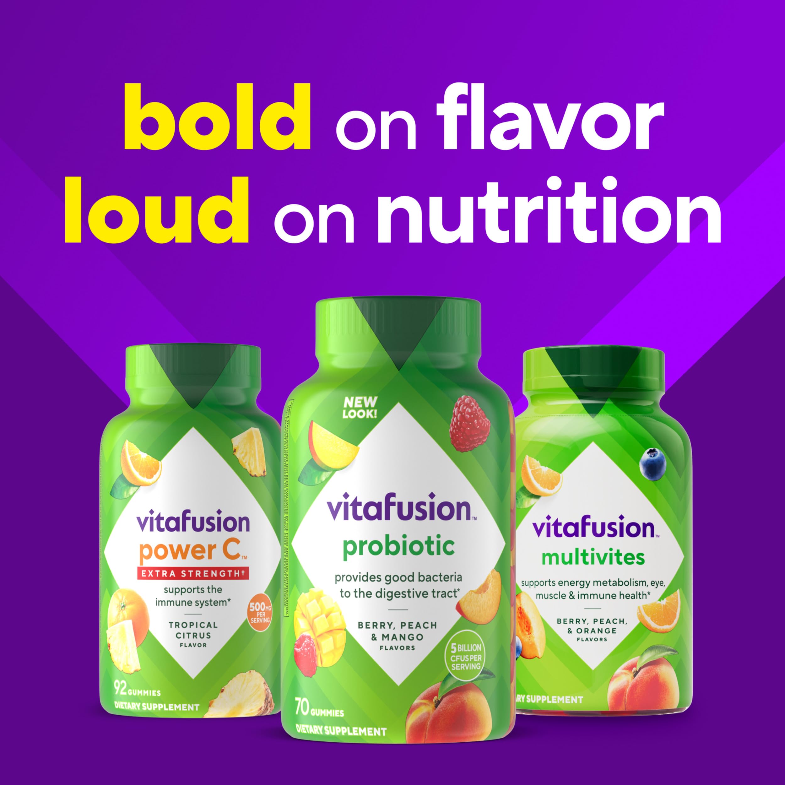 Full bottle of vitafusion probiotic gummies with fruit imagery