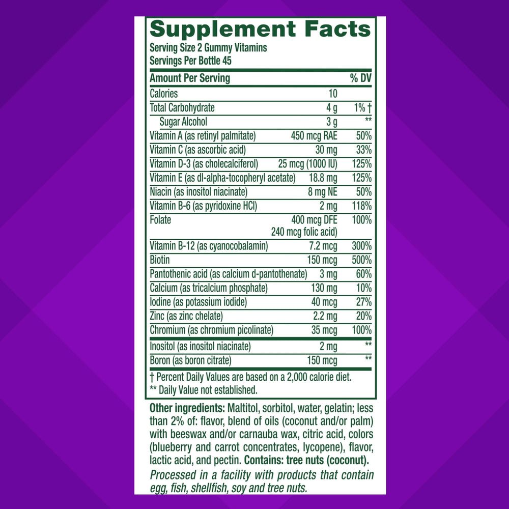 Vitafusion Women’s Sugar Free bottle back reveals ingredients.