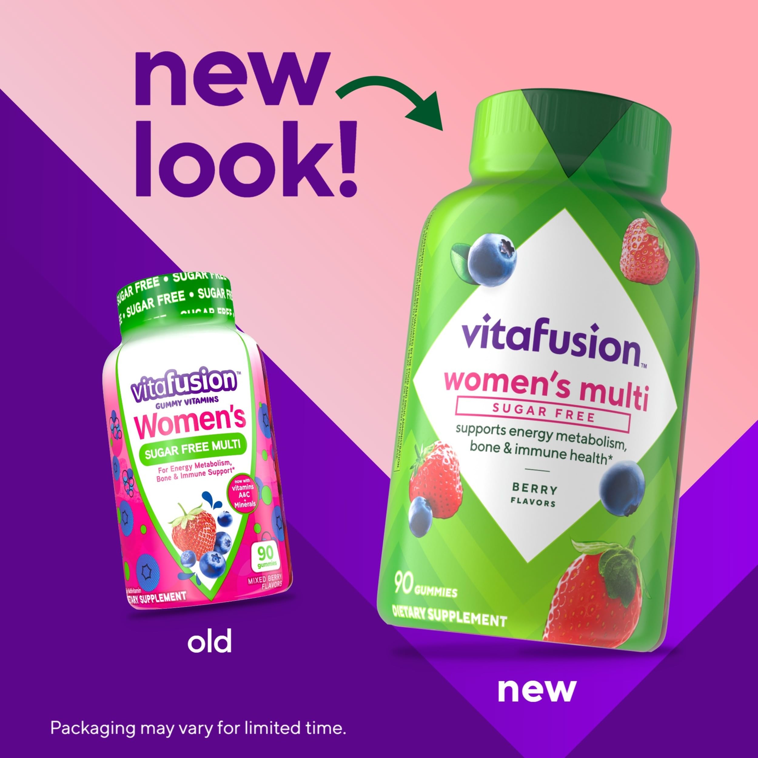 Vitafusion Women’s Sugar Free gummies close-up highlights tasty, easy daily intake.
