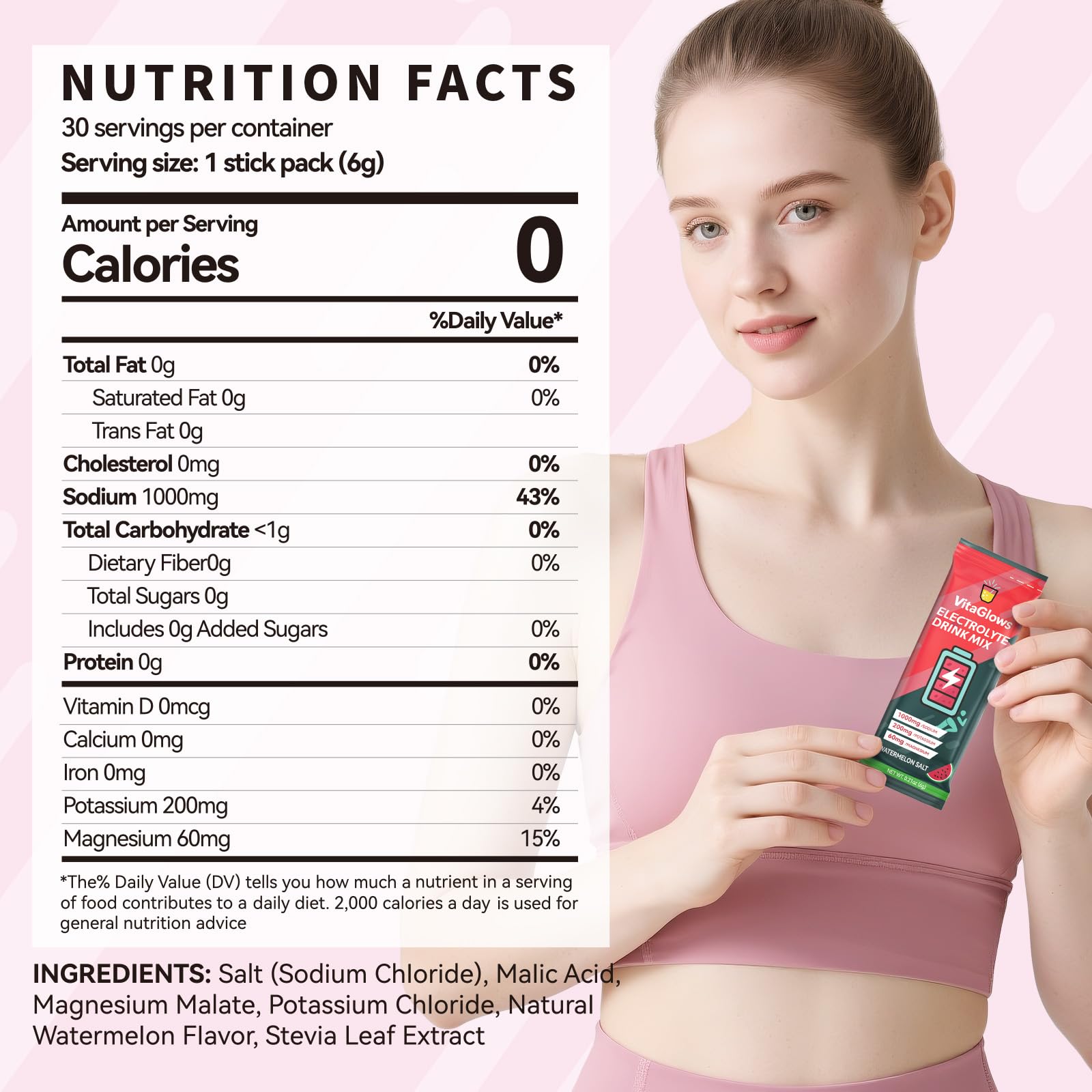 VitaGlows electrolyte powder ingredients chart highlights a gluten-, soy-, dairy-free formula.