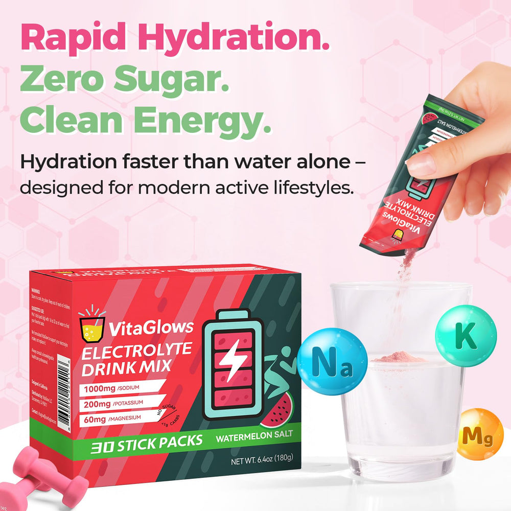 VitaGlows electrolyte powder sticks-packages enable on-the-go hydration.