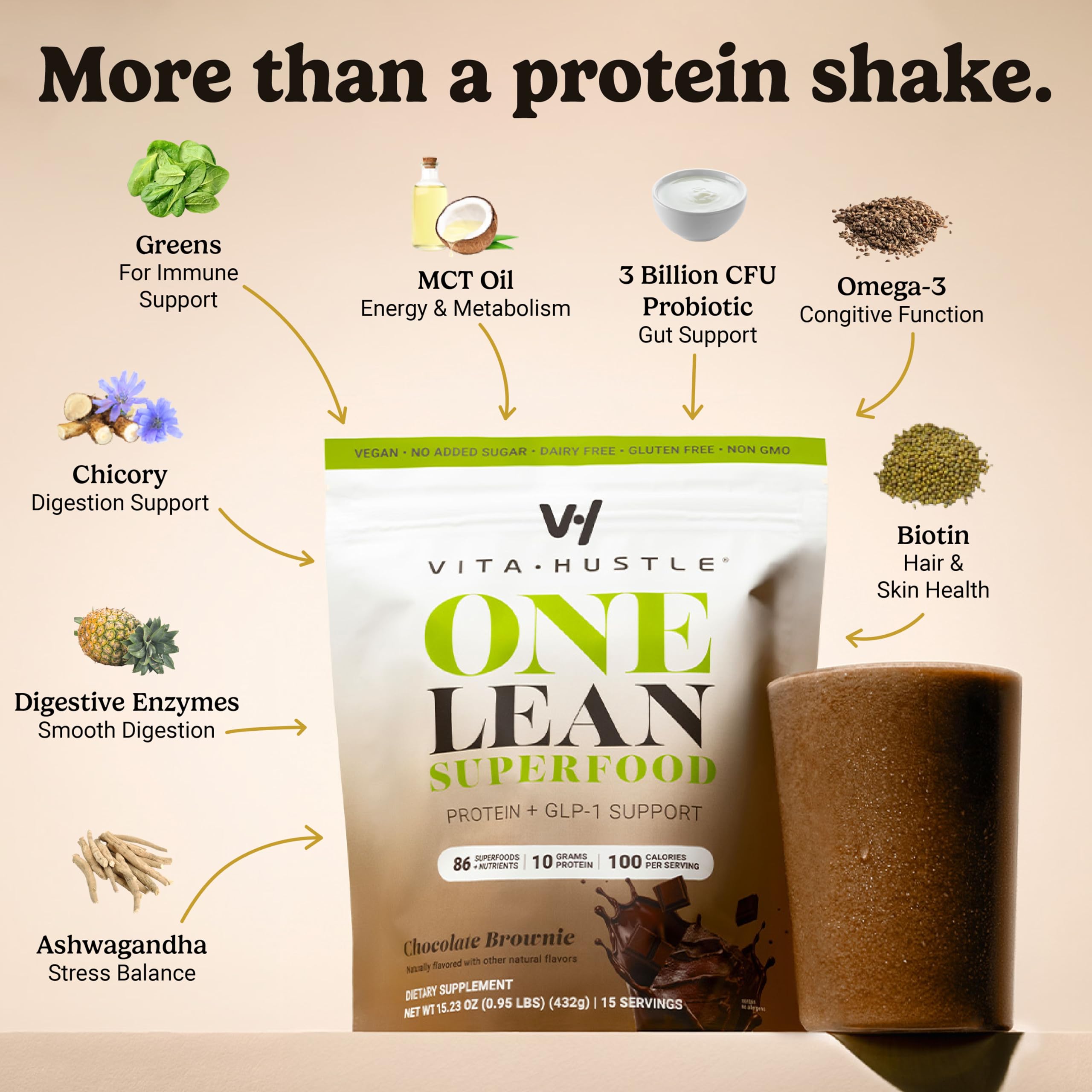 VitaHustle ONE no-added-sugar label on chocolate brownie flavor.