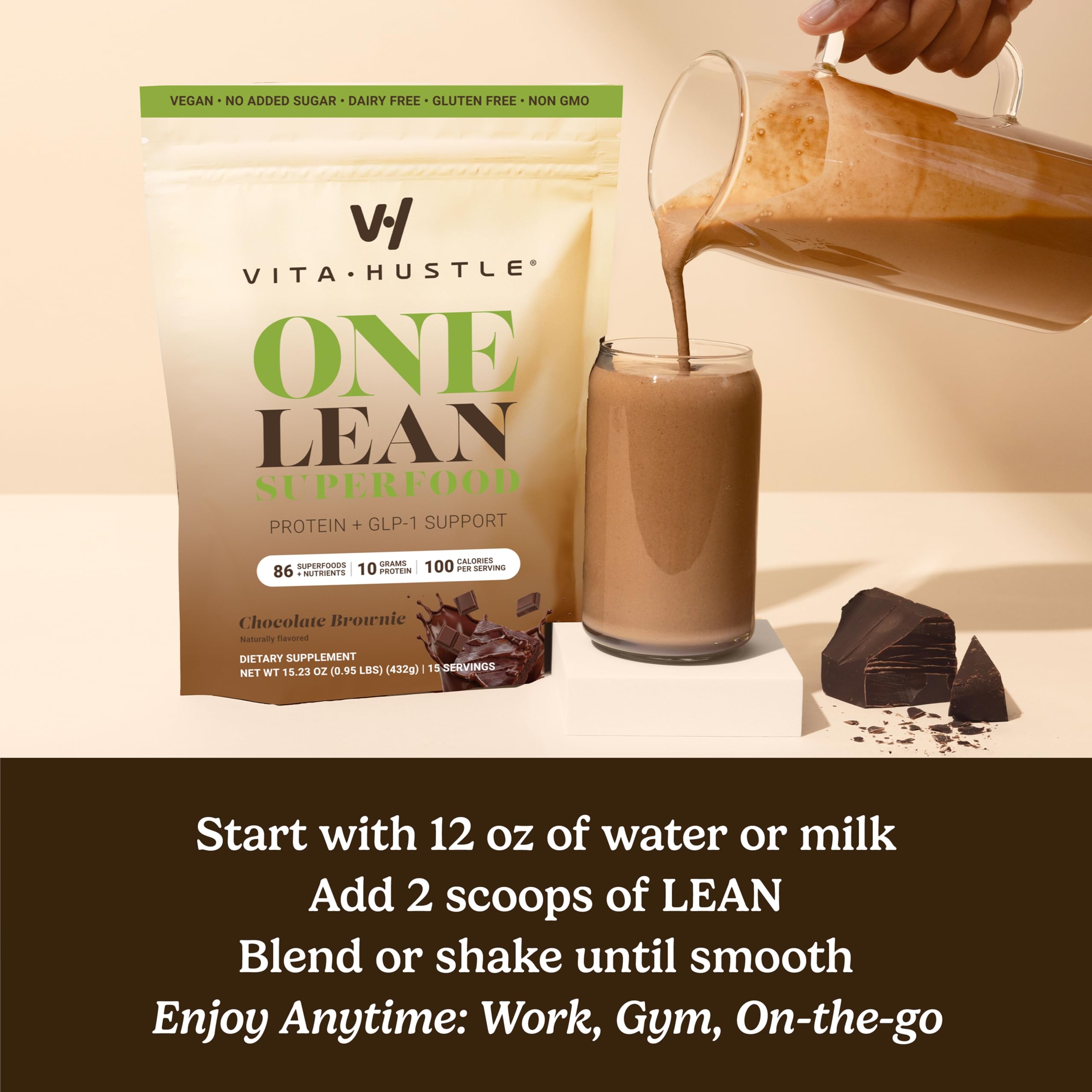 VitaHustle ONE postbiotics and probiotics close-up bottle for gut-friendly support.