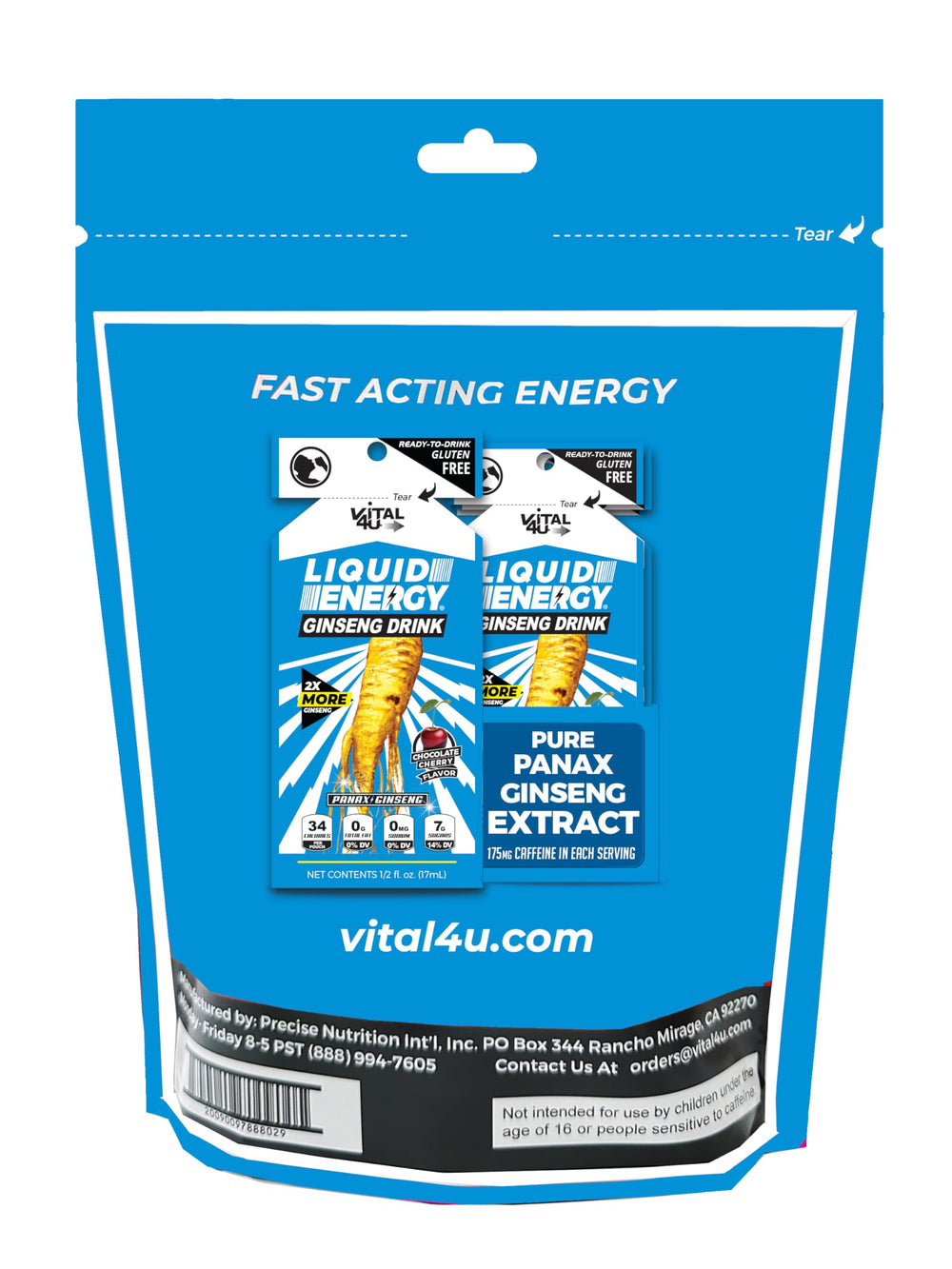 Ingredients and caffeine icons on VITAL 4U label
