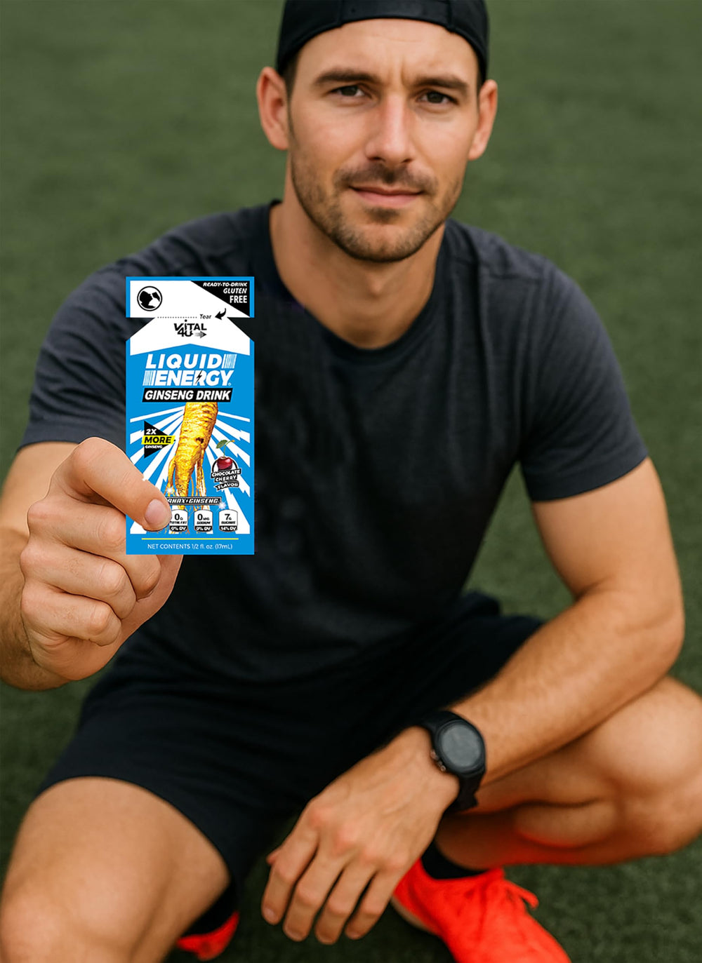 Pouch in hand showing portable energy shot