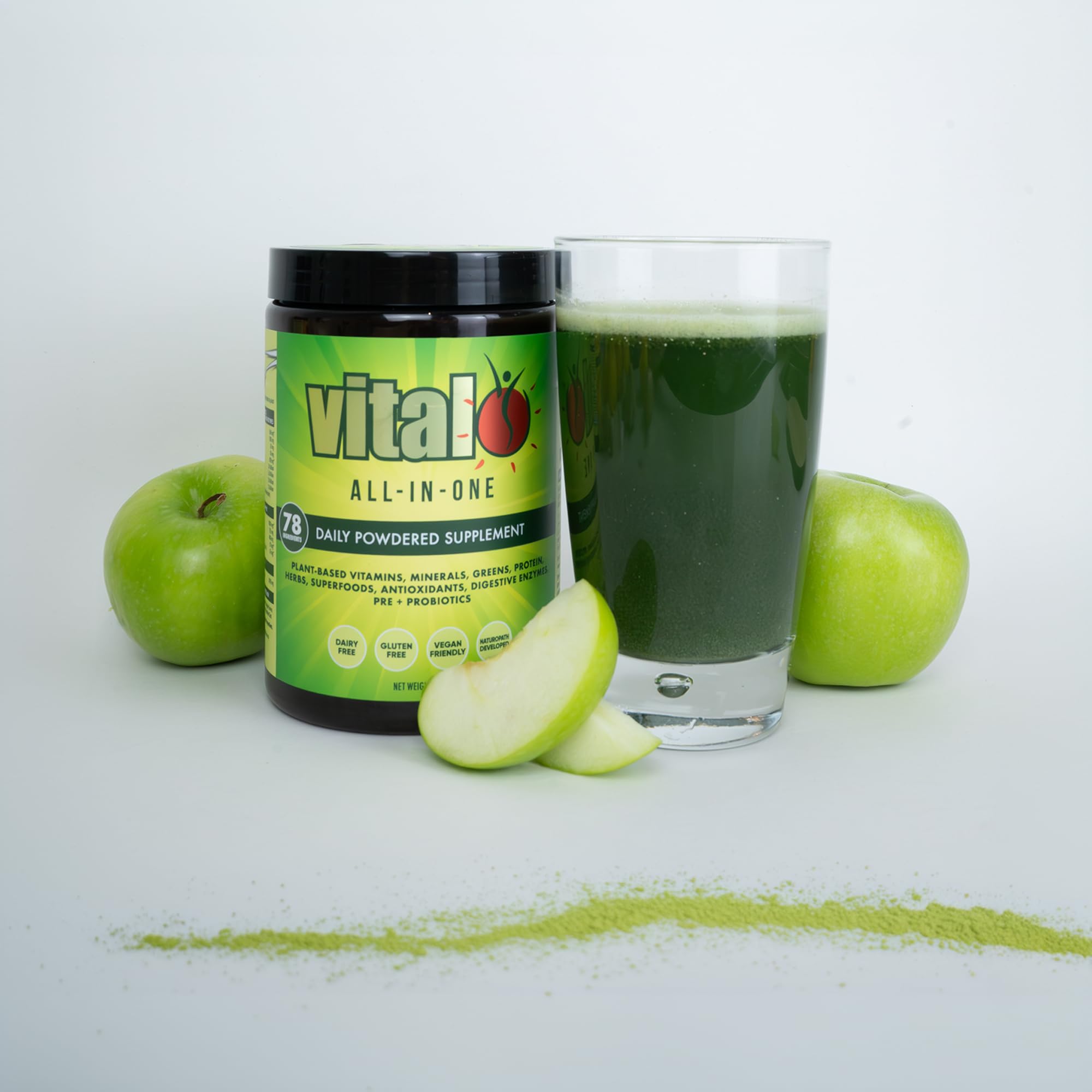 Pouring green powder into a shaker bottle