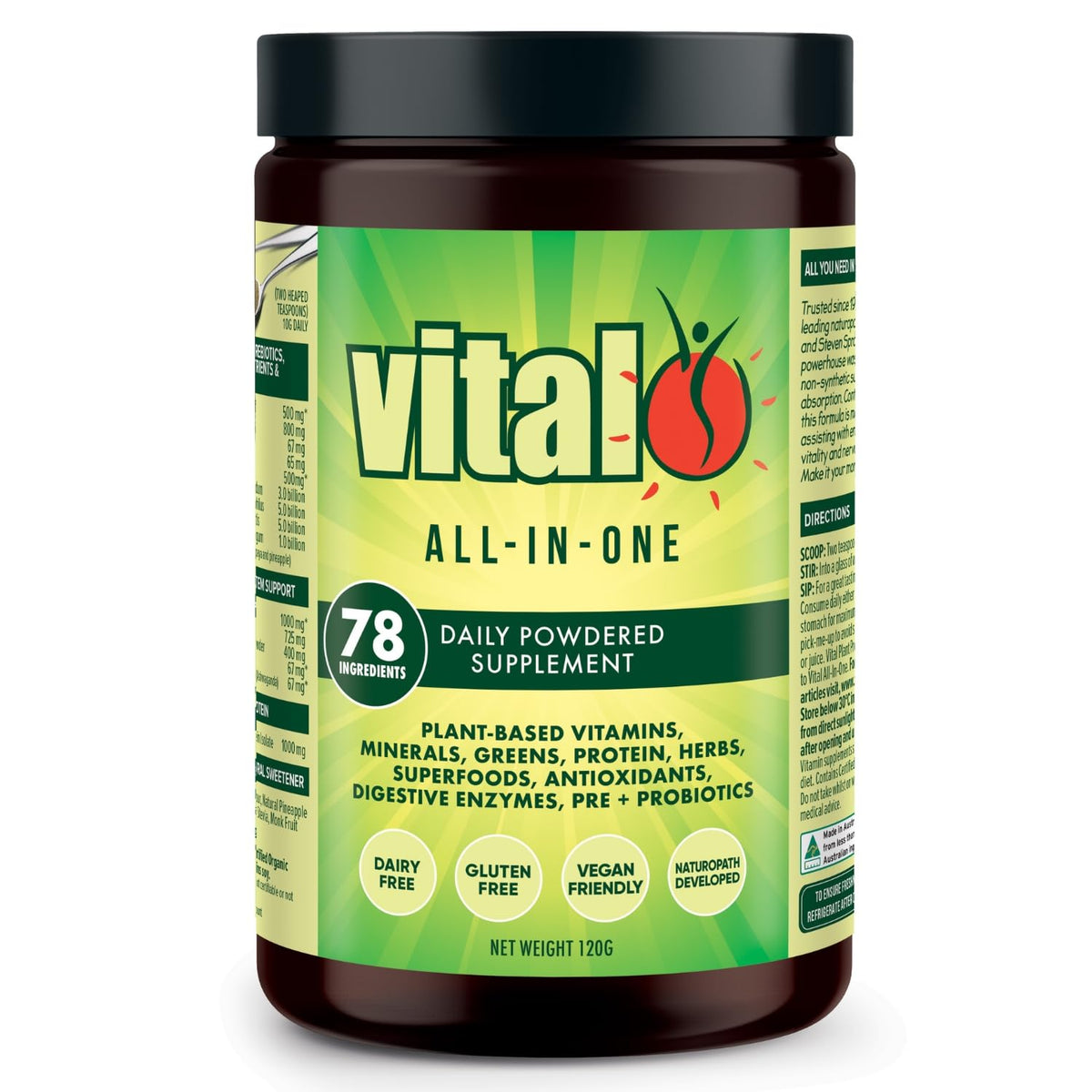 Vital All-in-One Daily Greens Powder bottle with scoop