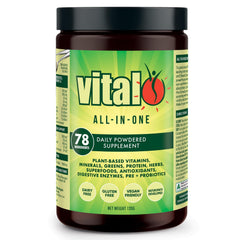Vital All-in-One Daily Greens Powder bottle with scoop