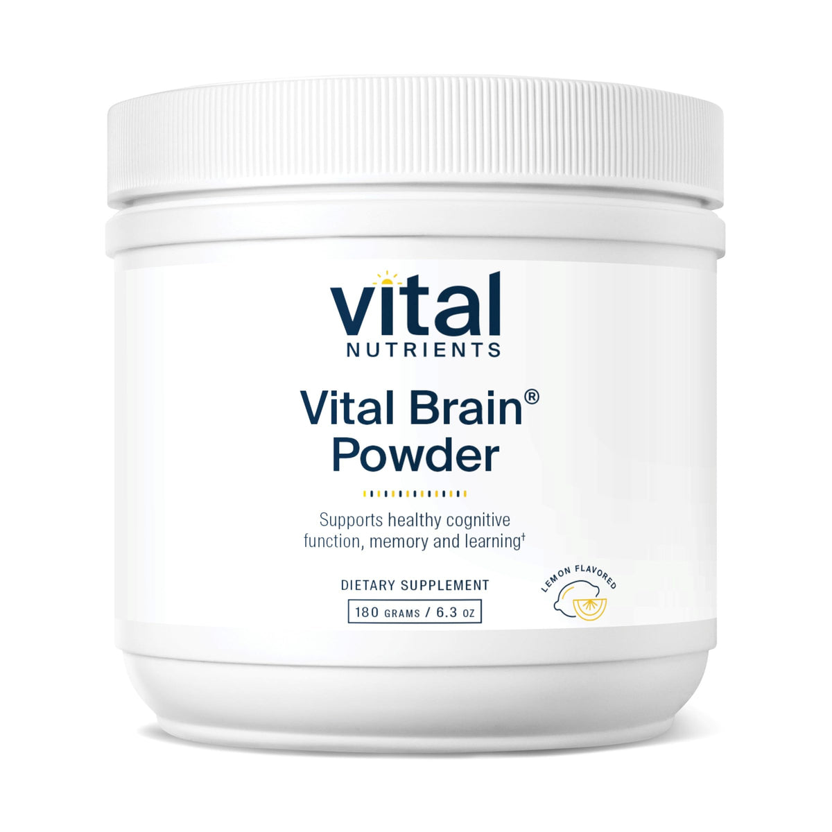 Front view of Vital Brain Powder lemon bottle (150g)