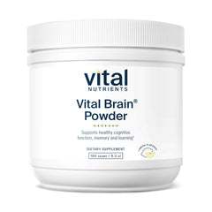 Front view of Vital Brain Powder lemon bottle (150g)