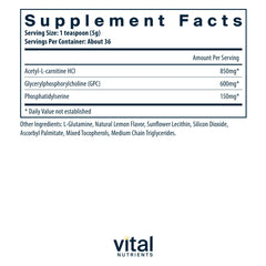 Lemon flavor Vital Brain Powder bottle nutrition label and ingredients (150g)