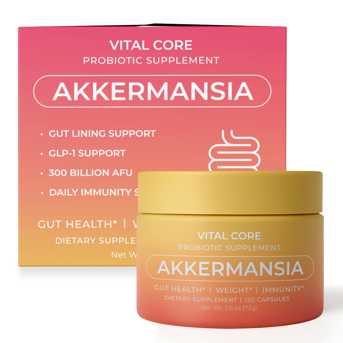 Vital Core Premium Akkermansia Muciniphila Probiotic bottle label showing 300B AFU