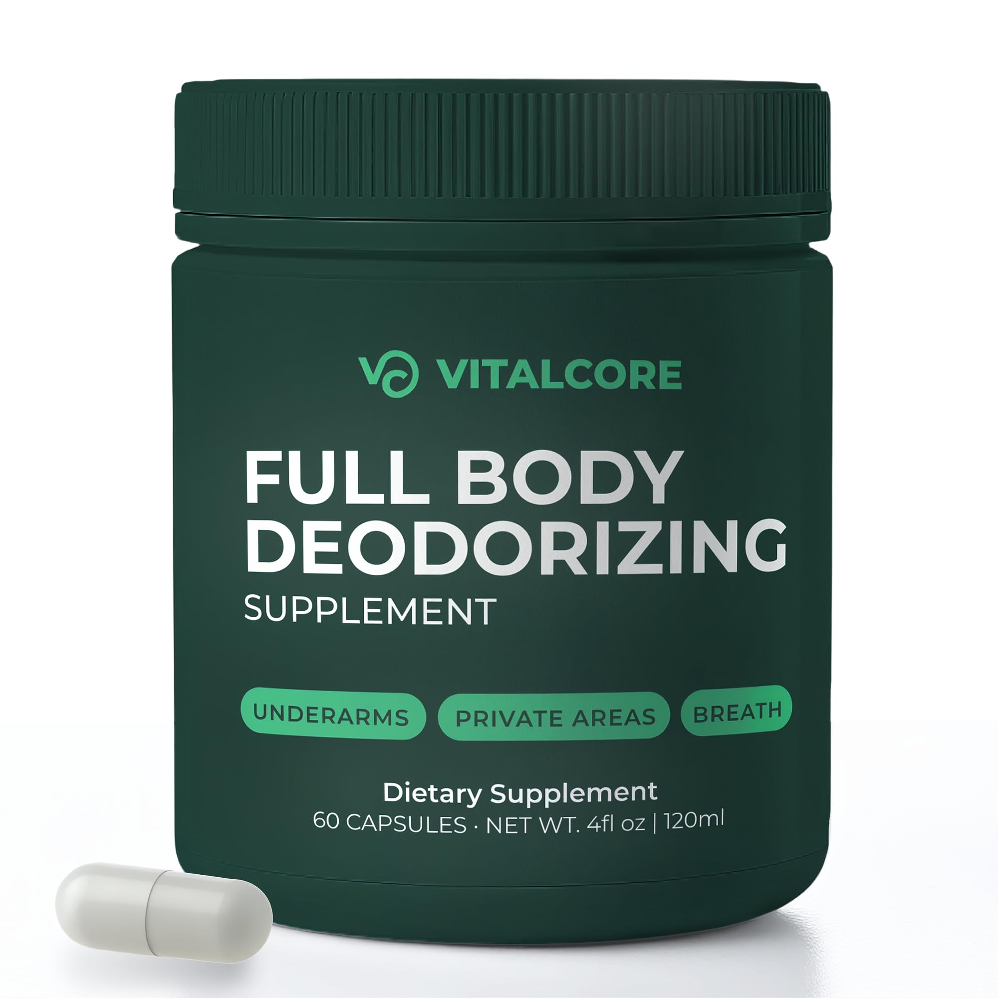 Vital Core Body Deodorizing Supplement bottle front view, 60 capsules