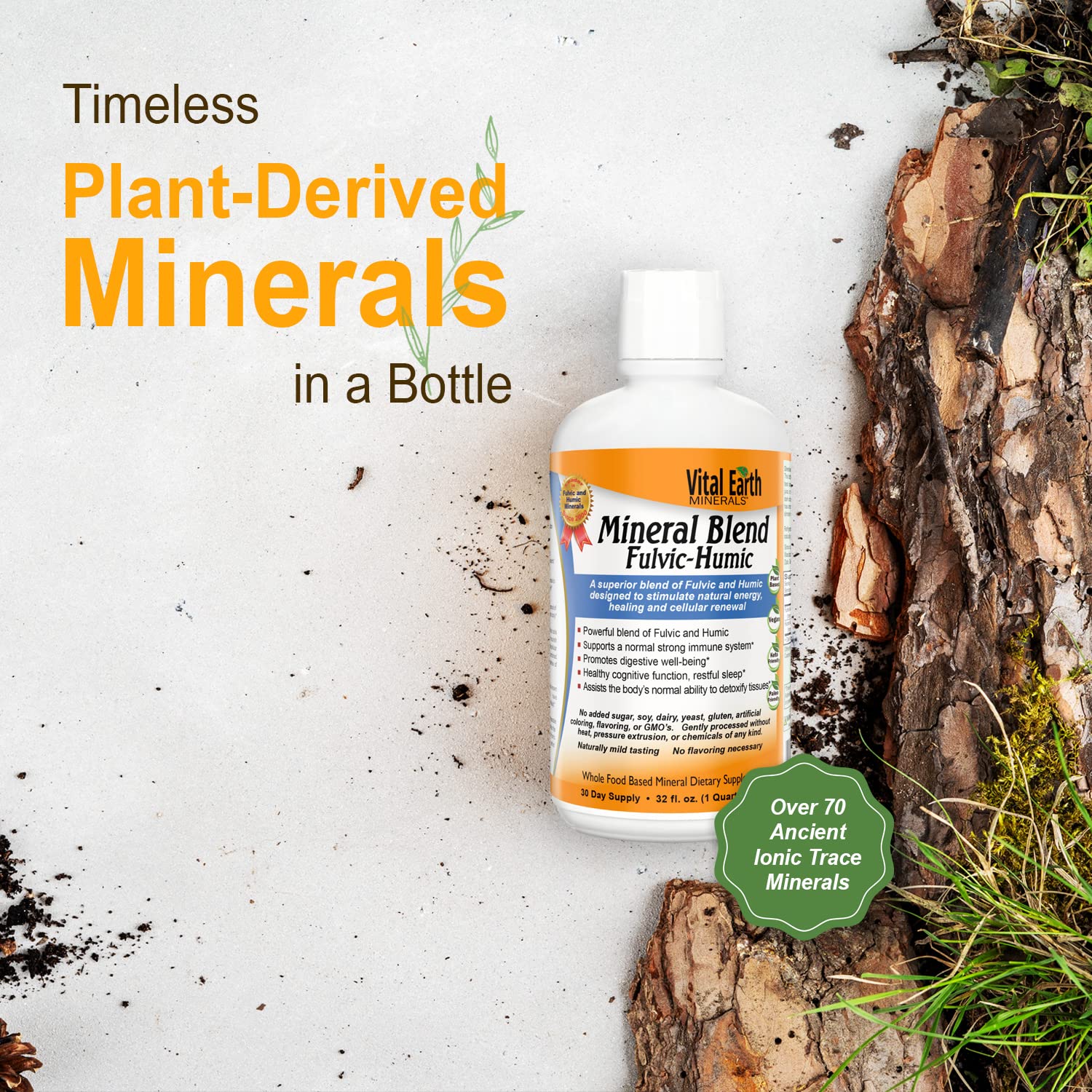 Close-up of Vital Earth Fulvic Humic 32 oz bottle label