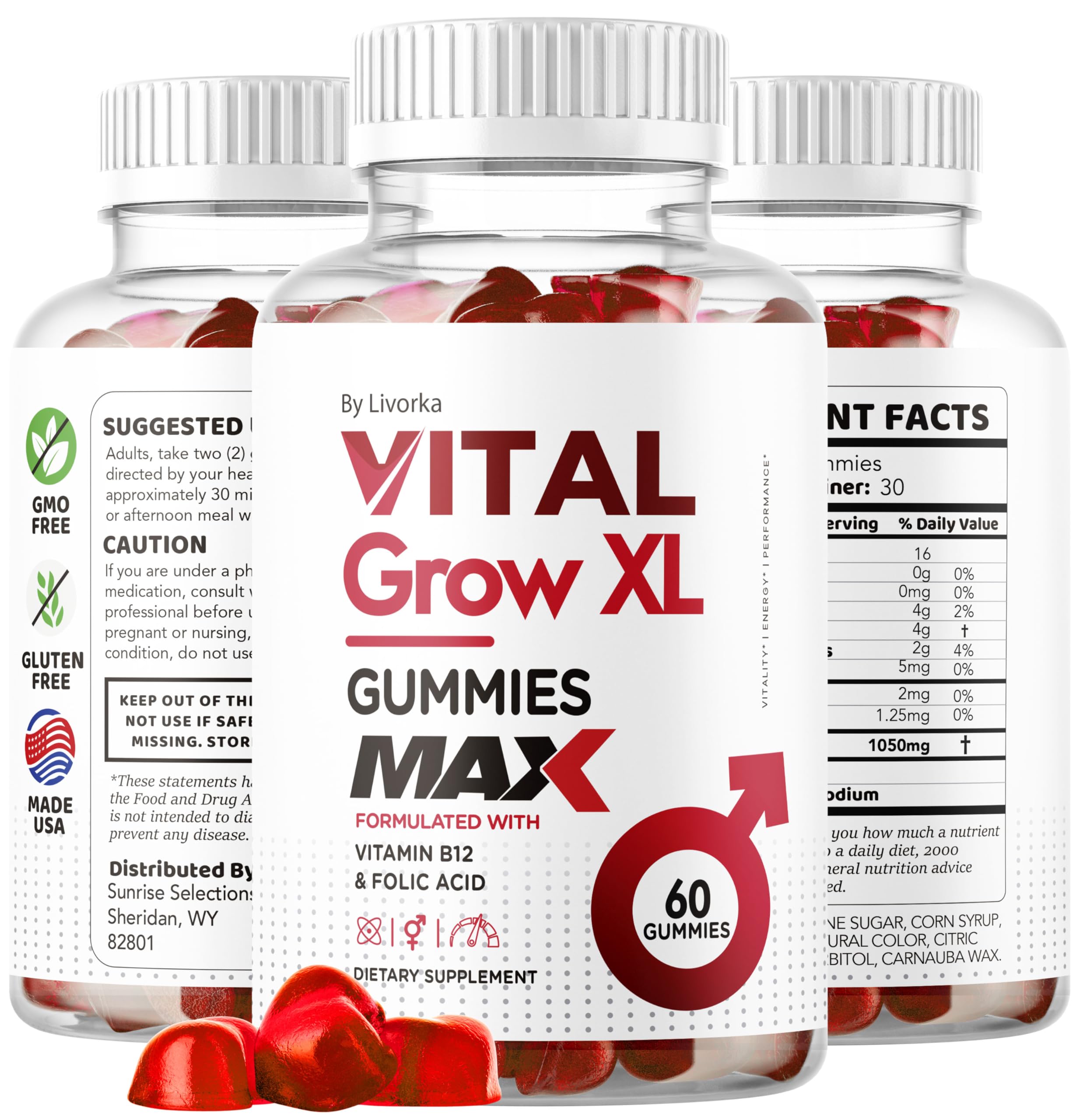 Gummy bottle, box, and serving on white background