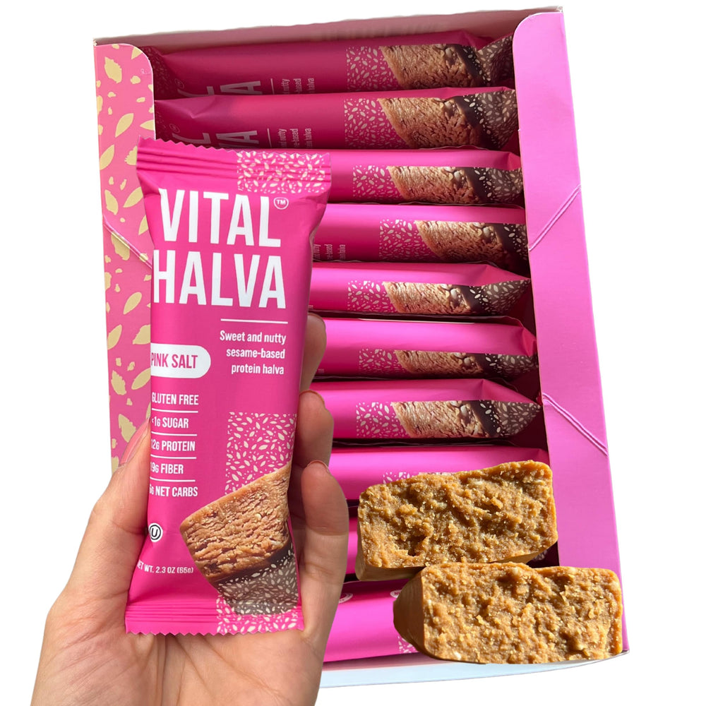 Vital Halva bar outer packaging shows a protein- and fiber-packed snack for active days.