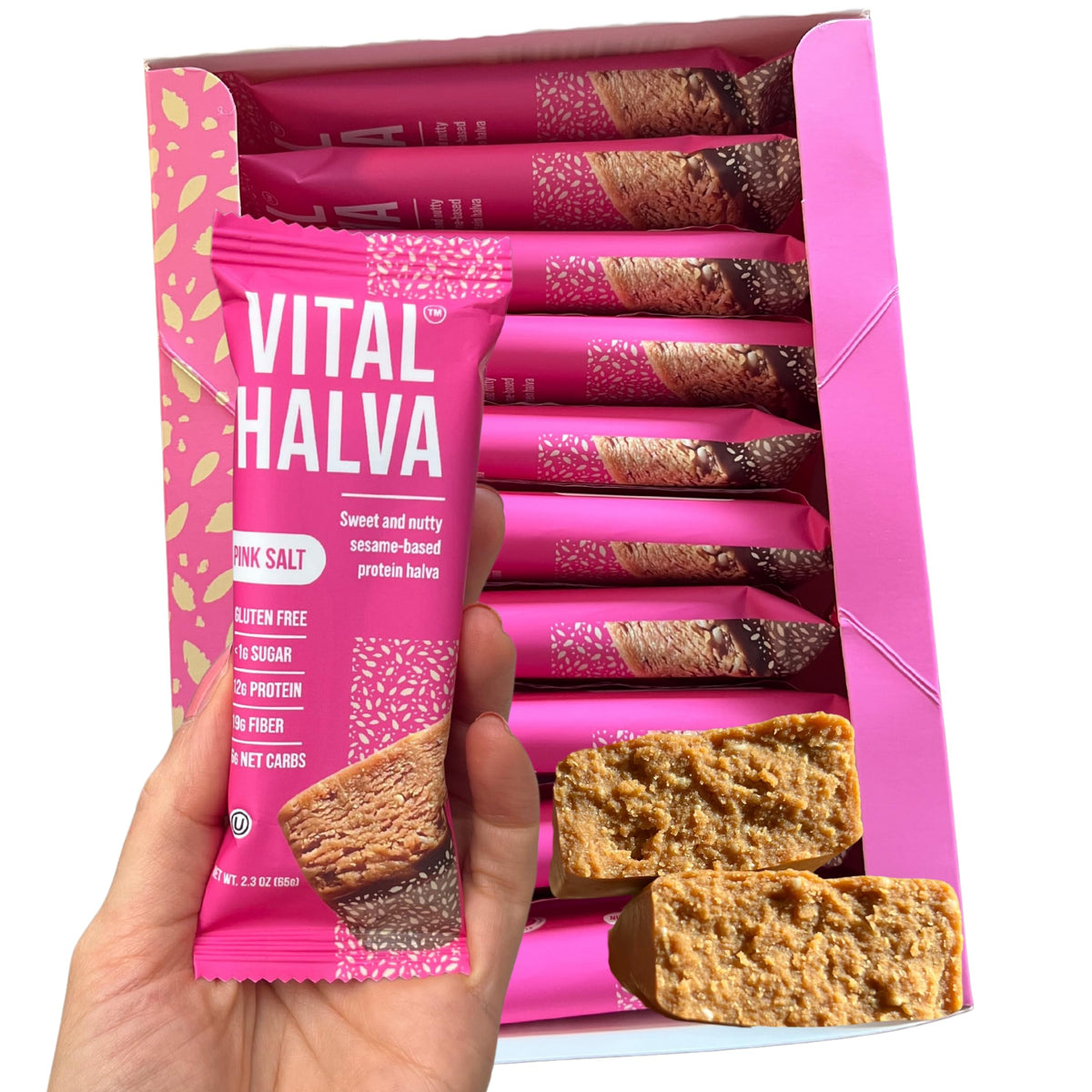 Vital Halva bar outer packaging shows a protein- and fiber-packed snack for active days.