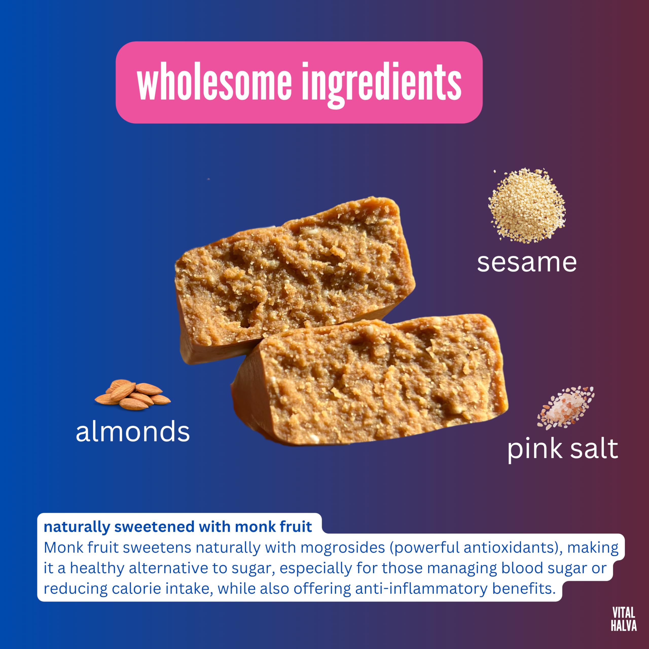 Vital Halva bar with pink salt detail hints keto-friendly, low-sugar indulgence.