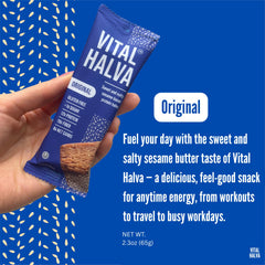 Vital Halva Original Bar closeup ingredients highlights sesame almond blend for protein and fiber.