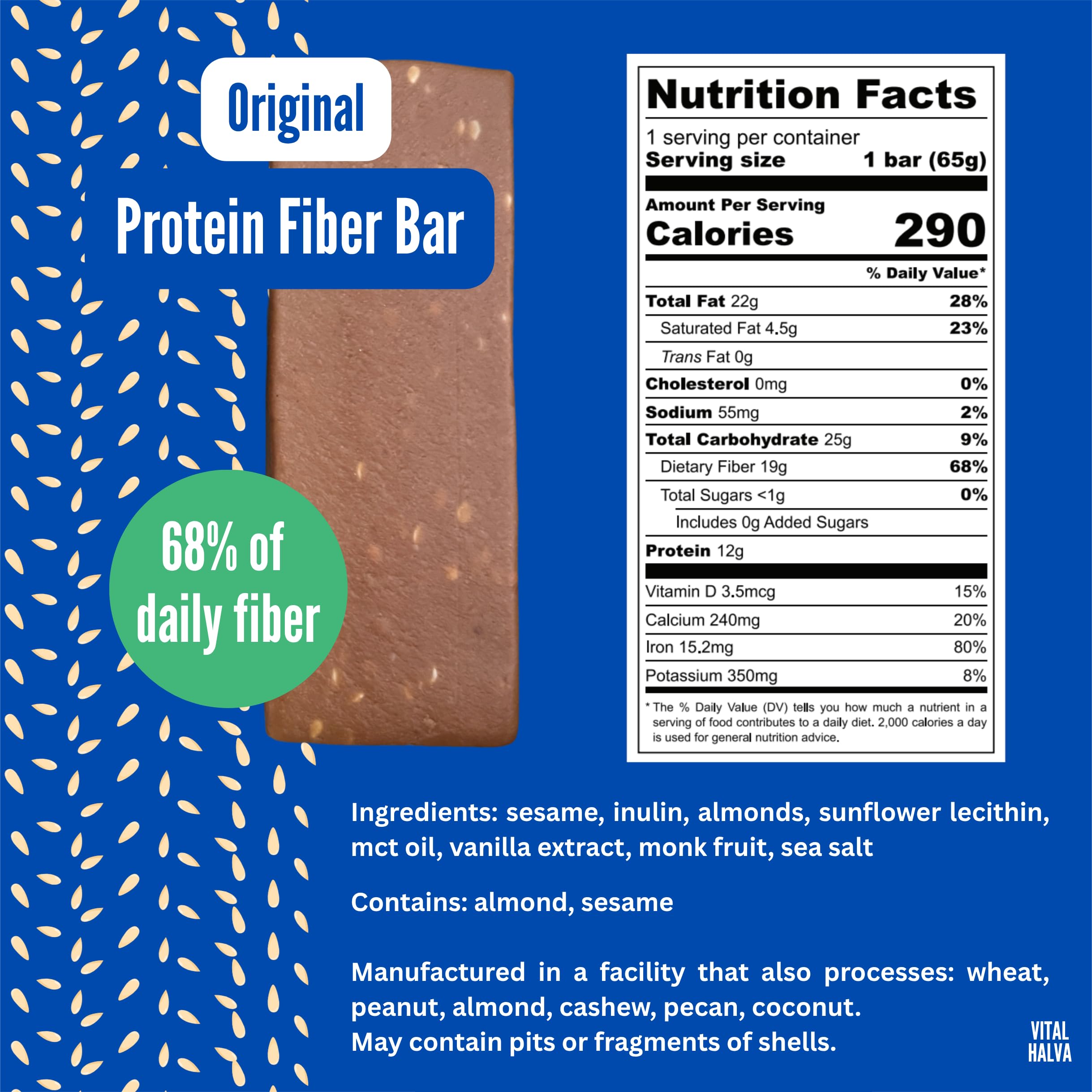 Vital Halva Original Bar hero shot shows nutty sesame flavor for a tasty snack.
