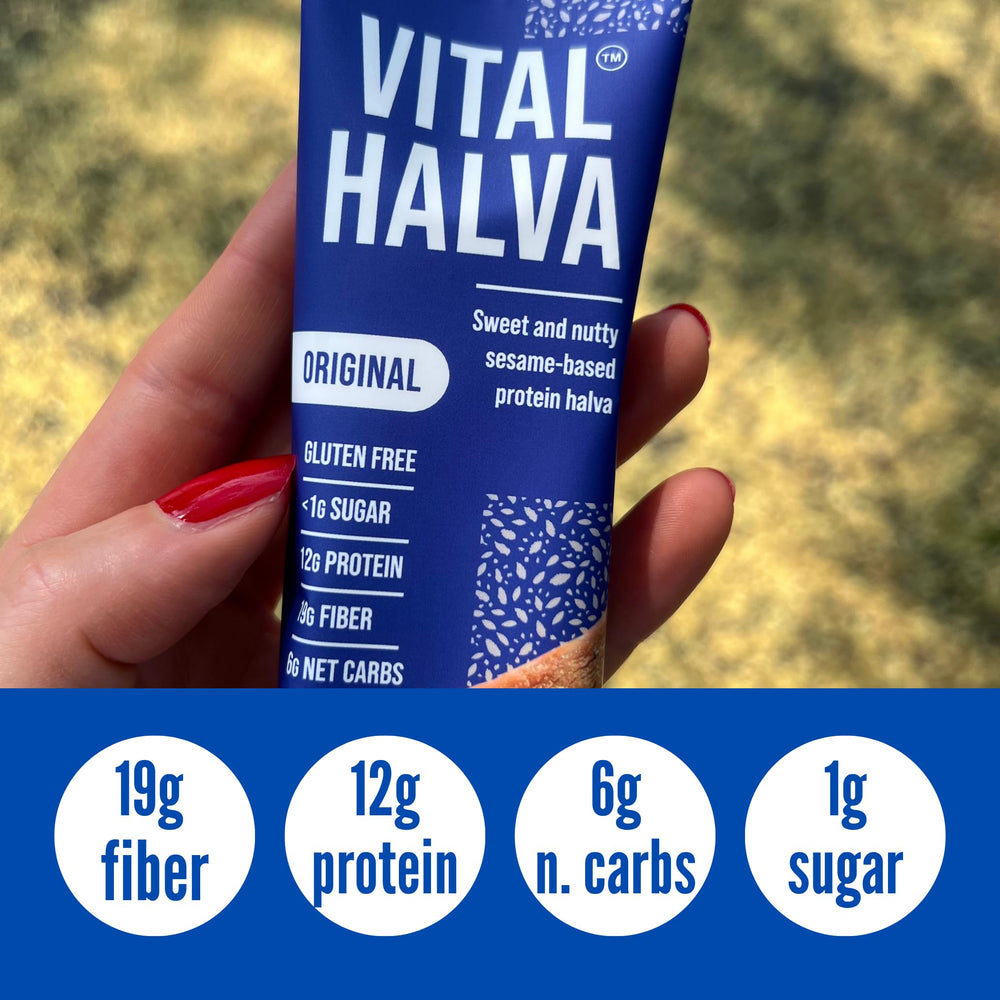 Vital Halva Original Bar on-the-go packaging demonstrates convenient snack option.