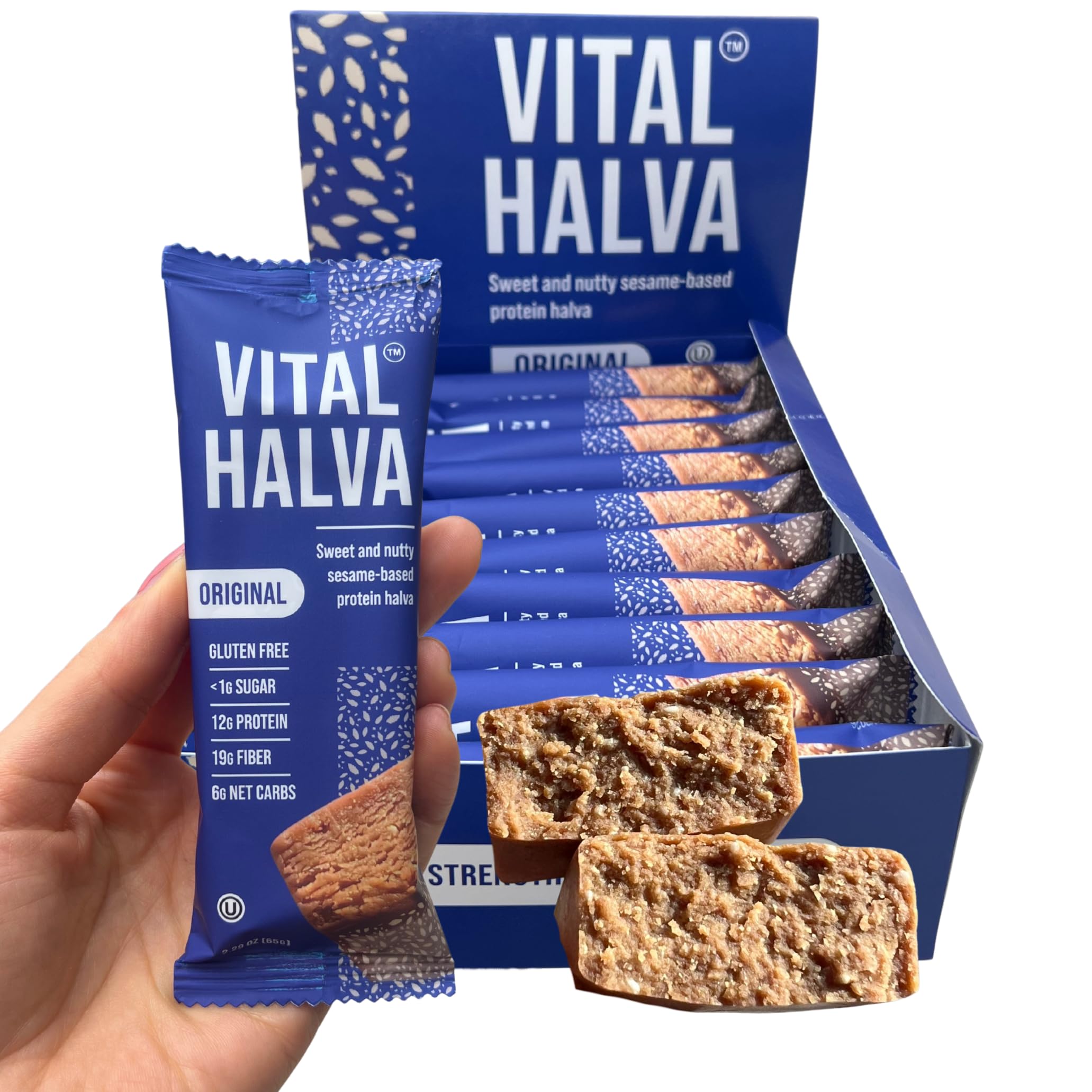 Vital Halva Original Bar packaging highlights gluten-free, plant-based protein snack.