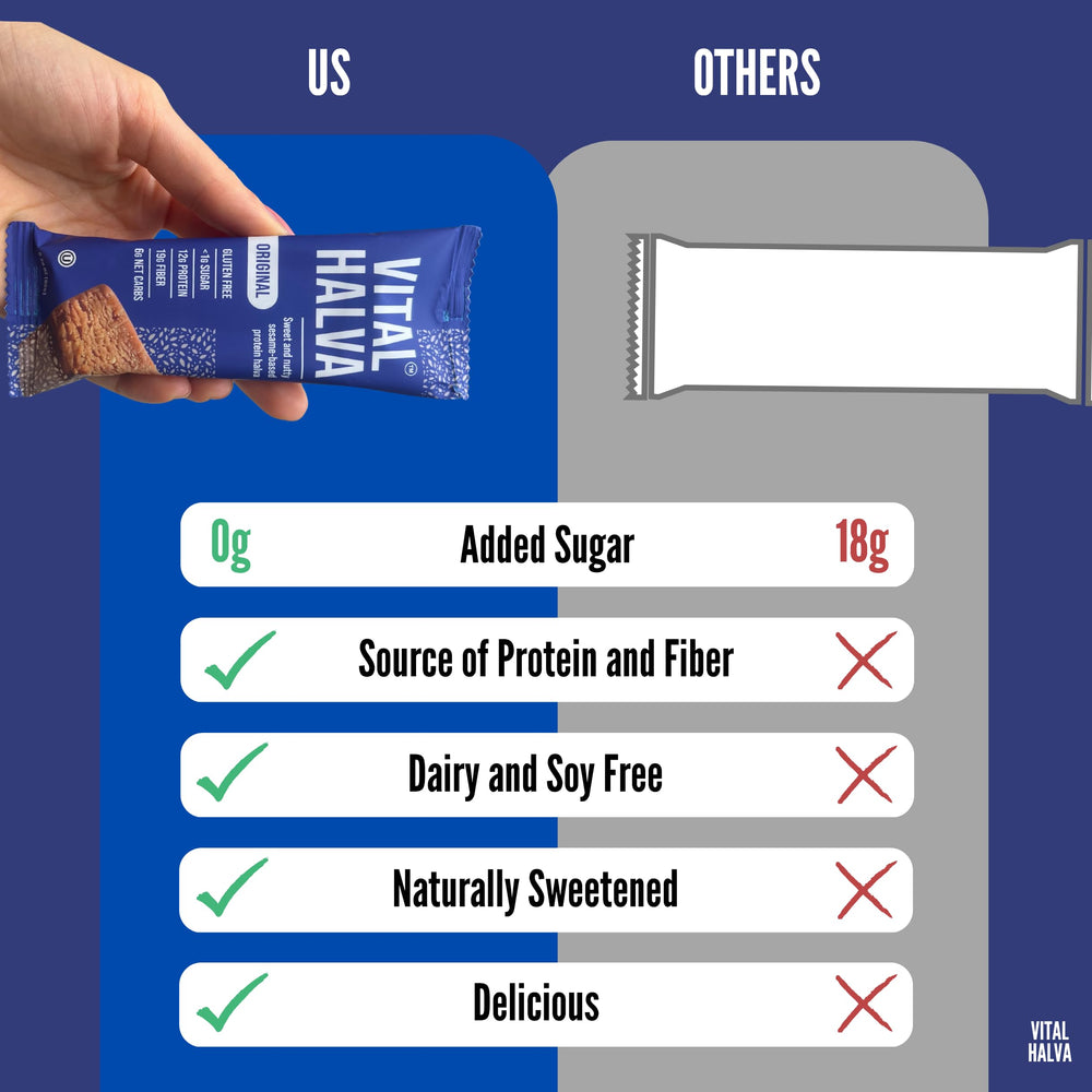 Vital Halva Original Bar texture closeup shows sesame crunch and rich flavor.