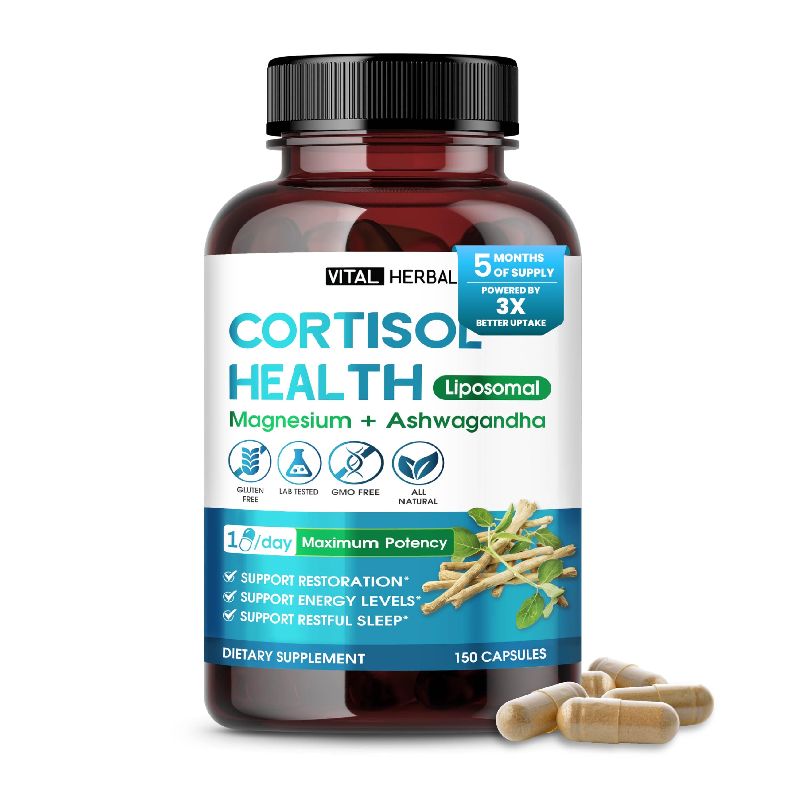 Front view of Vital Herbal Cortisol Health Supplement bottle