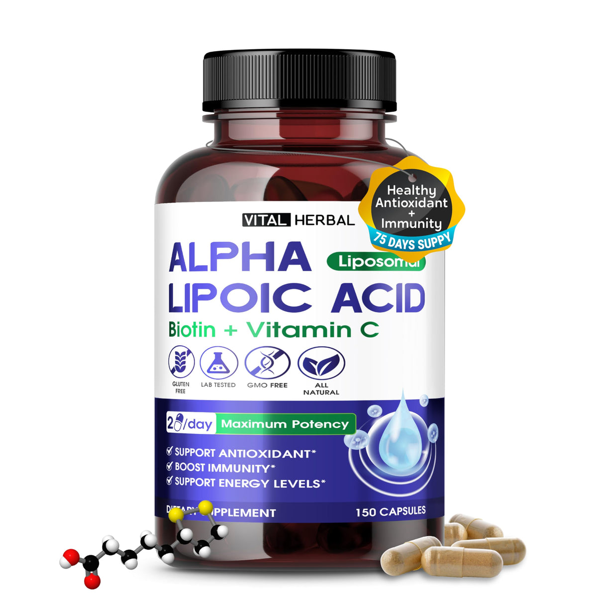 VITAL HERBAL Liposomal Alpha Lipoic Acid with Biotin and Vitamin C – 150 capsules