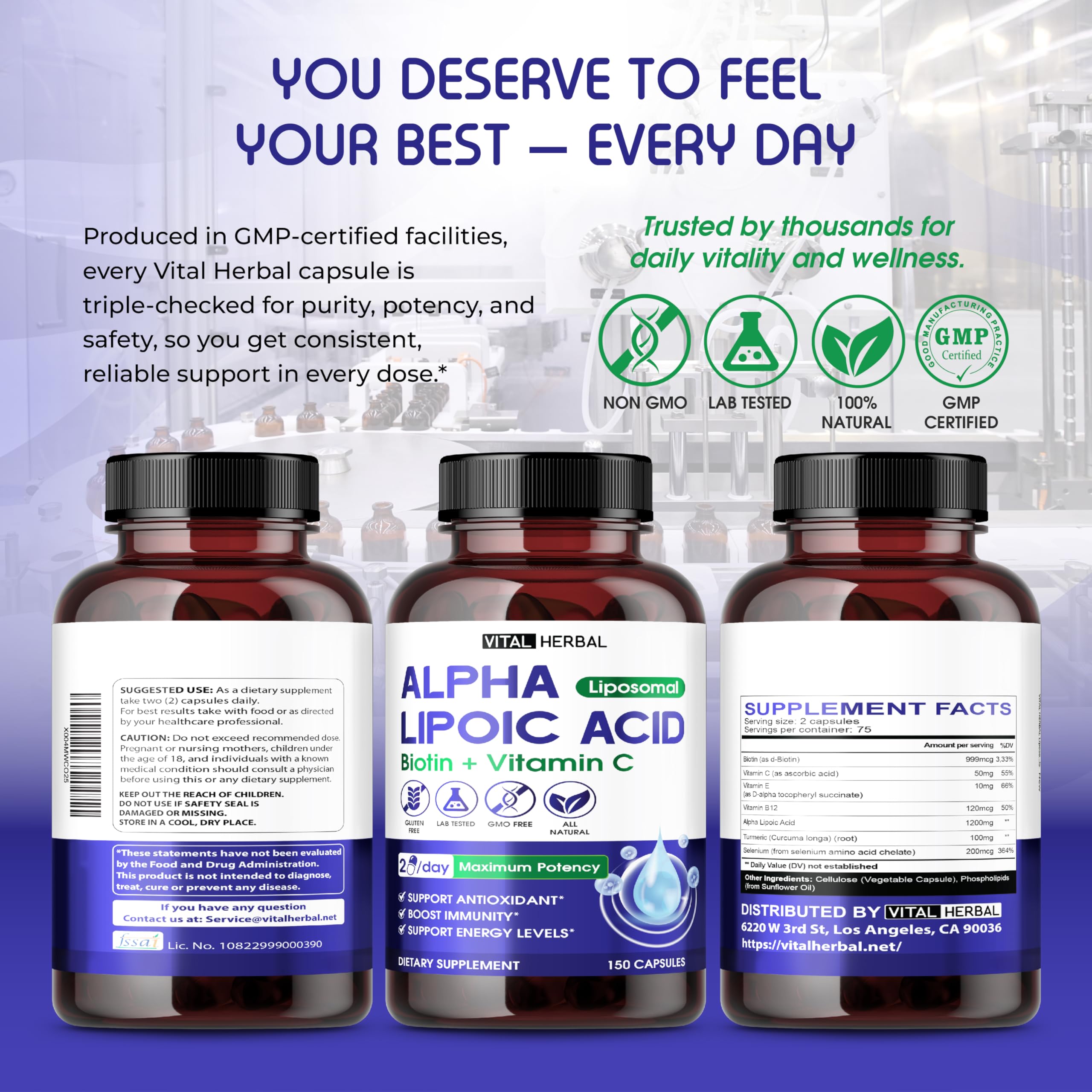 Nutrition facts and ingredients label for Vital Herbal supplement