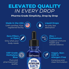 Close-up view of Vital Methylene Blue Drops 1% bottle