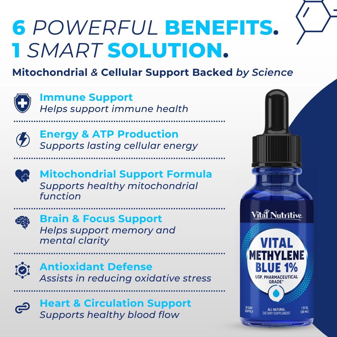Packaging box and bottle of Vital Methylene Blue Drops 1% – USA made
