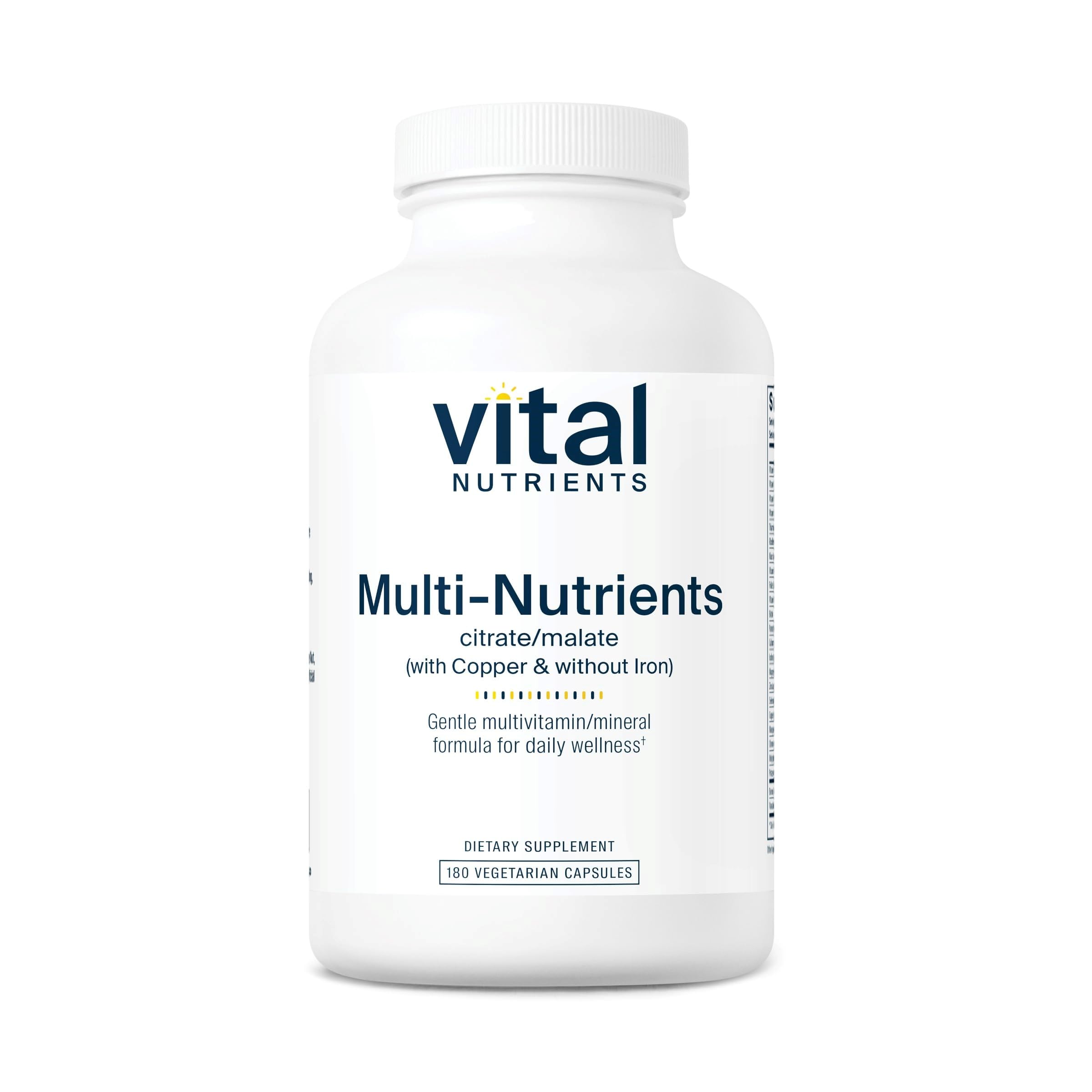 Front view of Vital Nutrients Multi-Nutrients 2 bottle highlighting copper-containing, iron-free citrate/malate formula