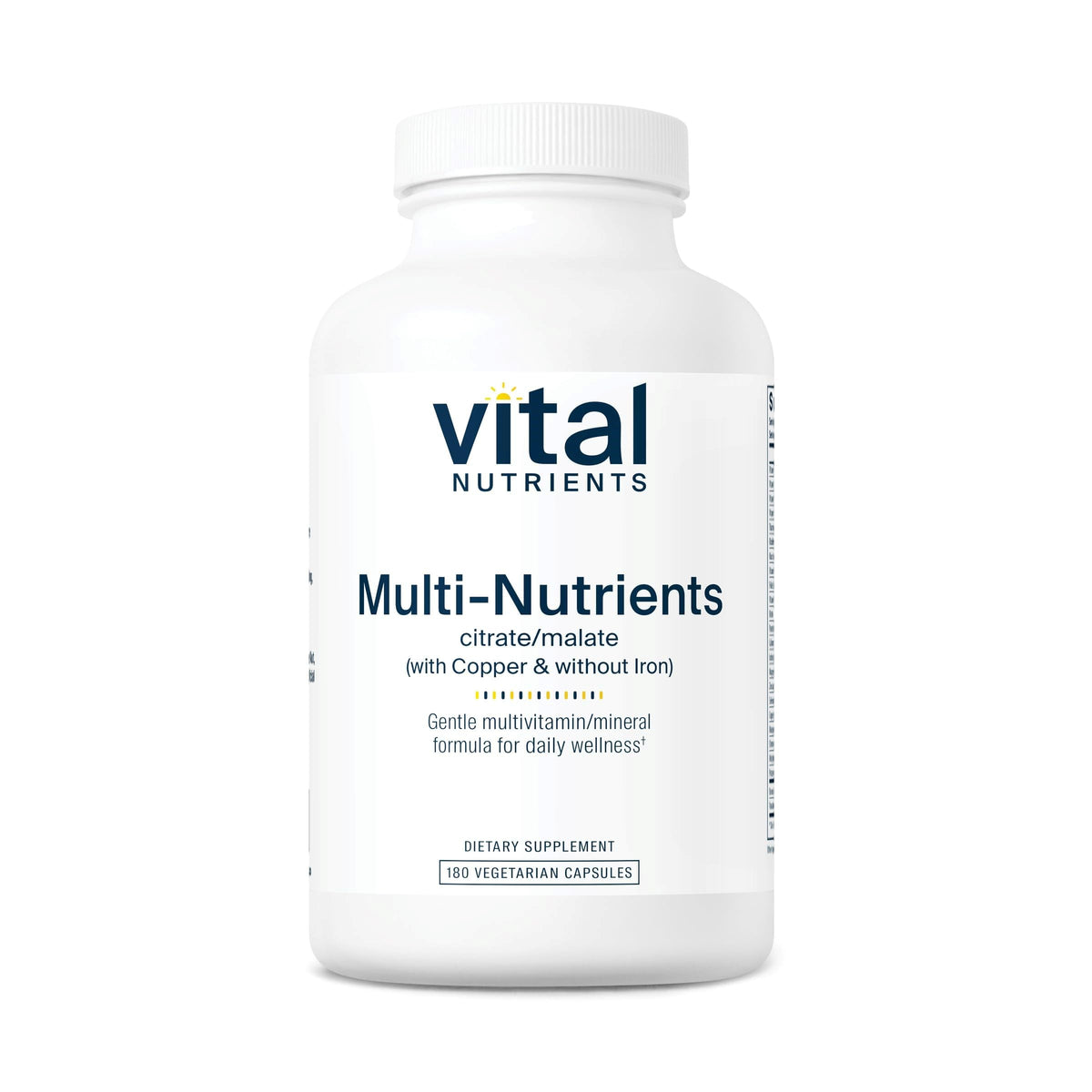 Front view of Vital Nutrients Multi-Nutrients 2 bottle highlighting copper-containing, iron-free citrate/malate formula