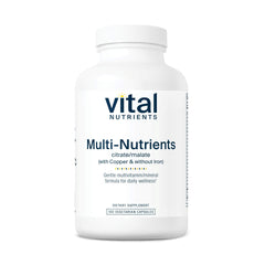 Front view of Vital Nutrients Multi-Nutrients 2 bottle highlighting copper-containing, iron-free citrate/malate formula
