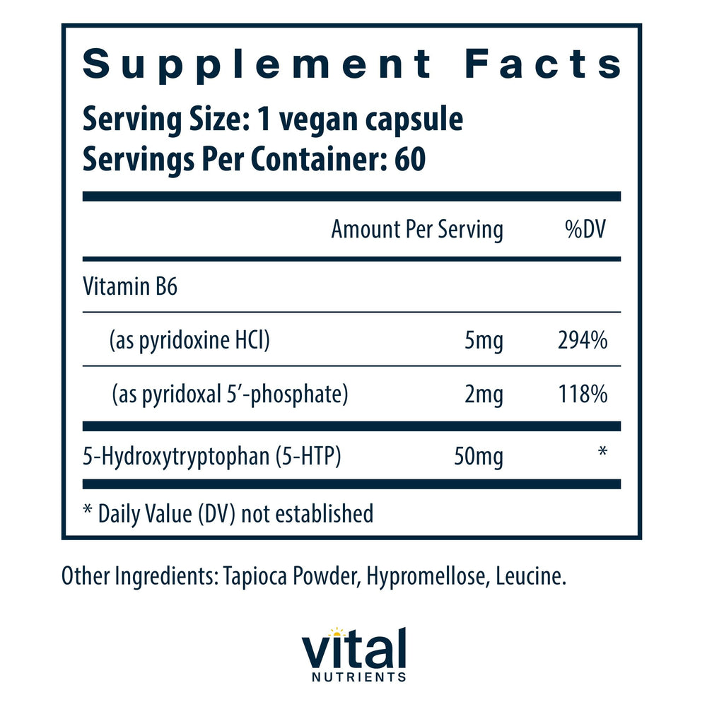 Close-up of Vital Nutrients 5-HTP 50mg capsules