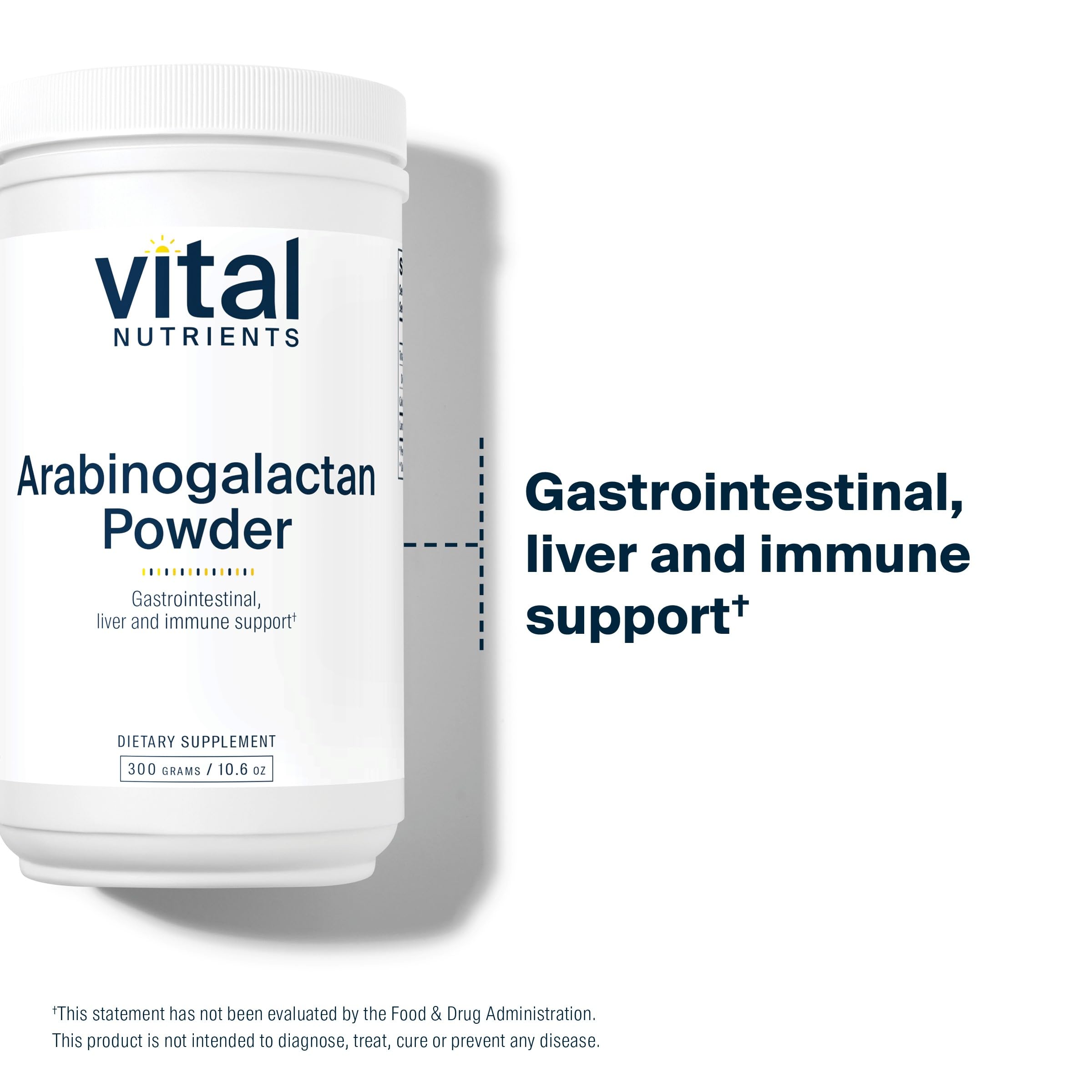Vital Nutrients arabinogalactan powder in glass with water shows convenient mix