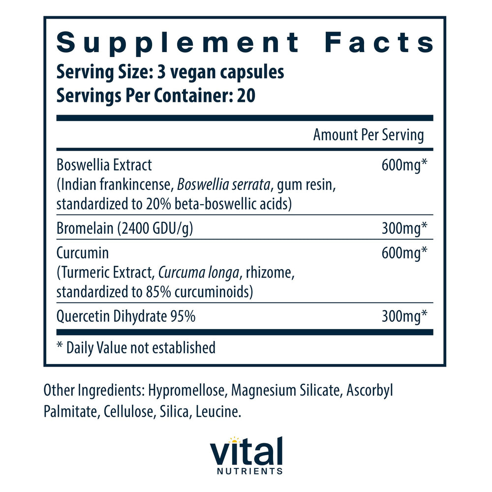 Close-up of BCQ ingredients: Boswellia serrata, curcumin, bromelain, quercetin