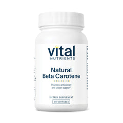 Front view of Vital Nutrients Beta Carotene 25,000IU bottle with 90 softgels